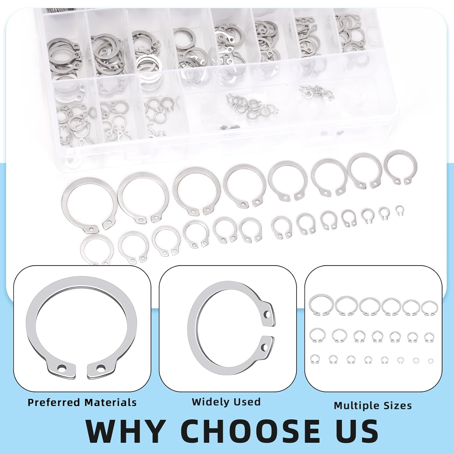 Glarks 211Pcs 21 Sizes C-Clip External Retaining Rings Assortment Set, 304 Stainless Steel 4MM-28MM Snap Ring Shop Assortment Circlip Retainer Rings with a Tweezer for Axles, Shafts and Moving Parts image number 3