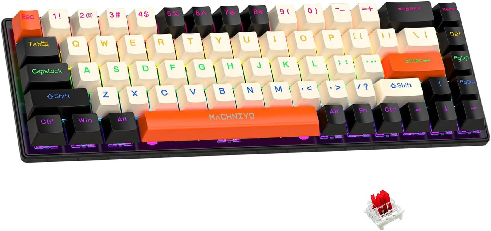 60% Wireless Mechanical Keyboard, MACHNIVO K11 68 Keys Gaming Keyboard Hot Swappable, 2.4Ghz/Bluetooth/Usb-C to a Cable, RGB Creamy Keyboard Compatible with Windows/Mac (Red Switch, Black & Orange)
