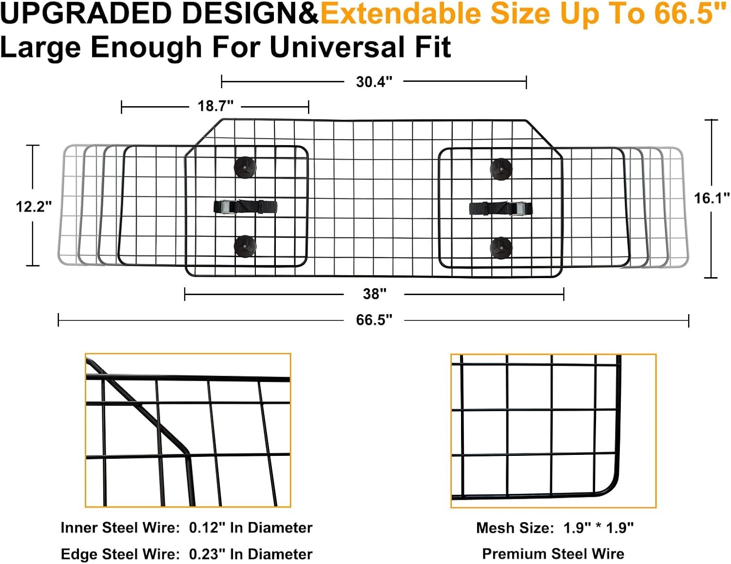 NOAMOO 38-66.5 Inches Dog Car Barrier for Suvs, Van, Vehicles, Adjustable Large Pet Barriers, Universal Fit Heavy-Duty Wire Mesh Dog Guard, Pet Divider Gate for Truck Cargo Area, Safety Car Divider image number 5