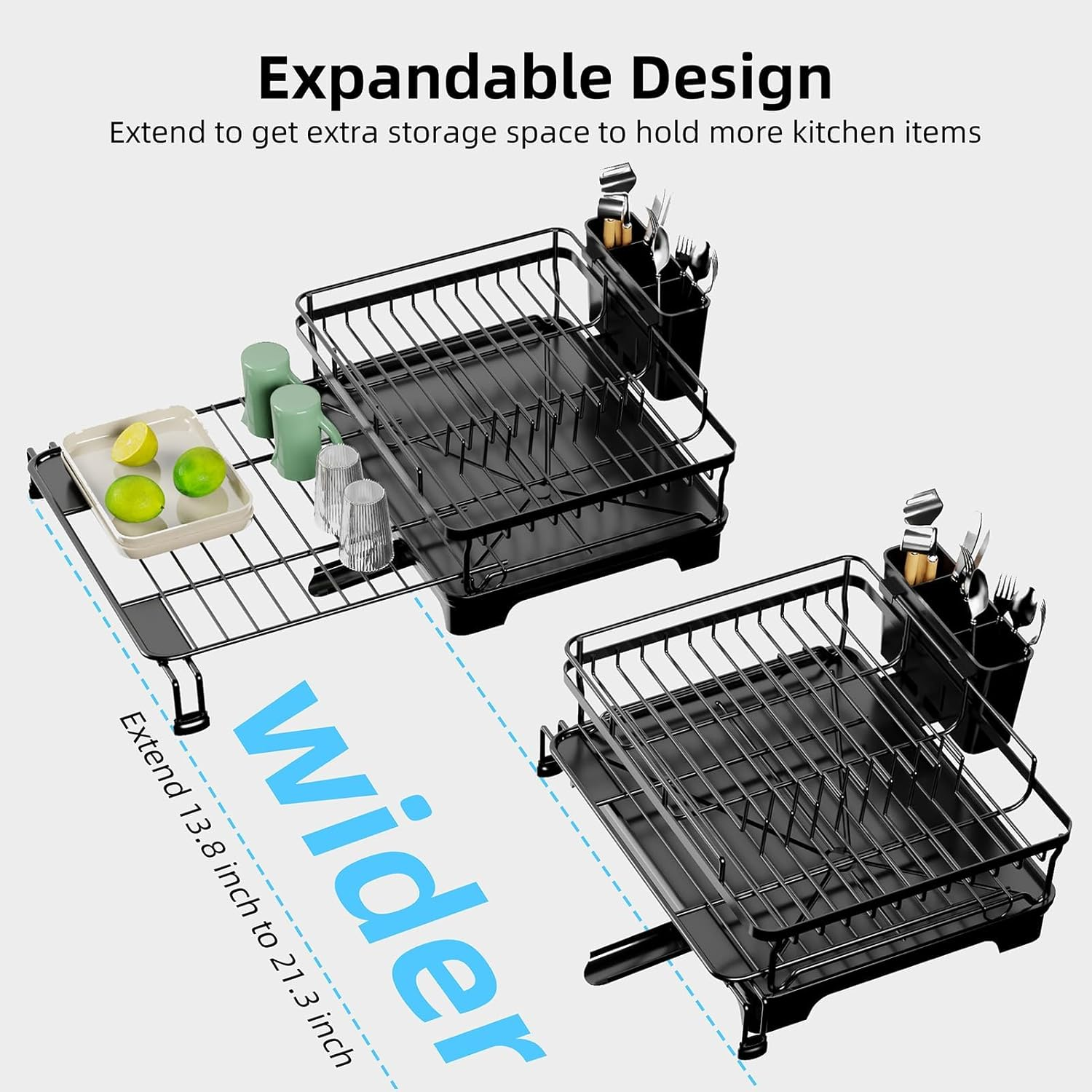 Dish Drying Rack, Extendable Dish Rack, Large Sink Drying Dish Drainer for Kitchen Counter, Carbon Steel Dish Strainer with Utensil Holder,Black image number 1