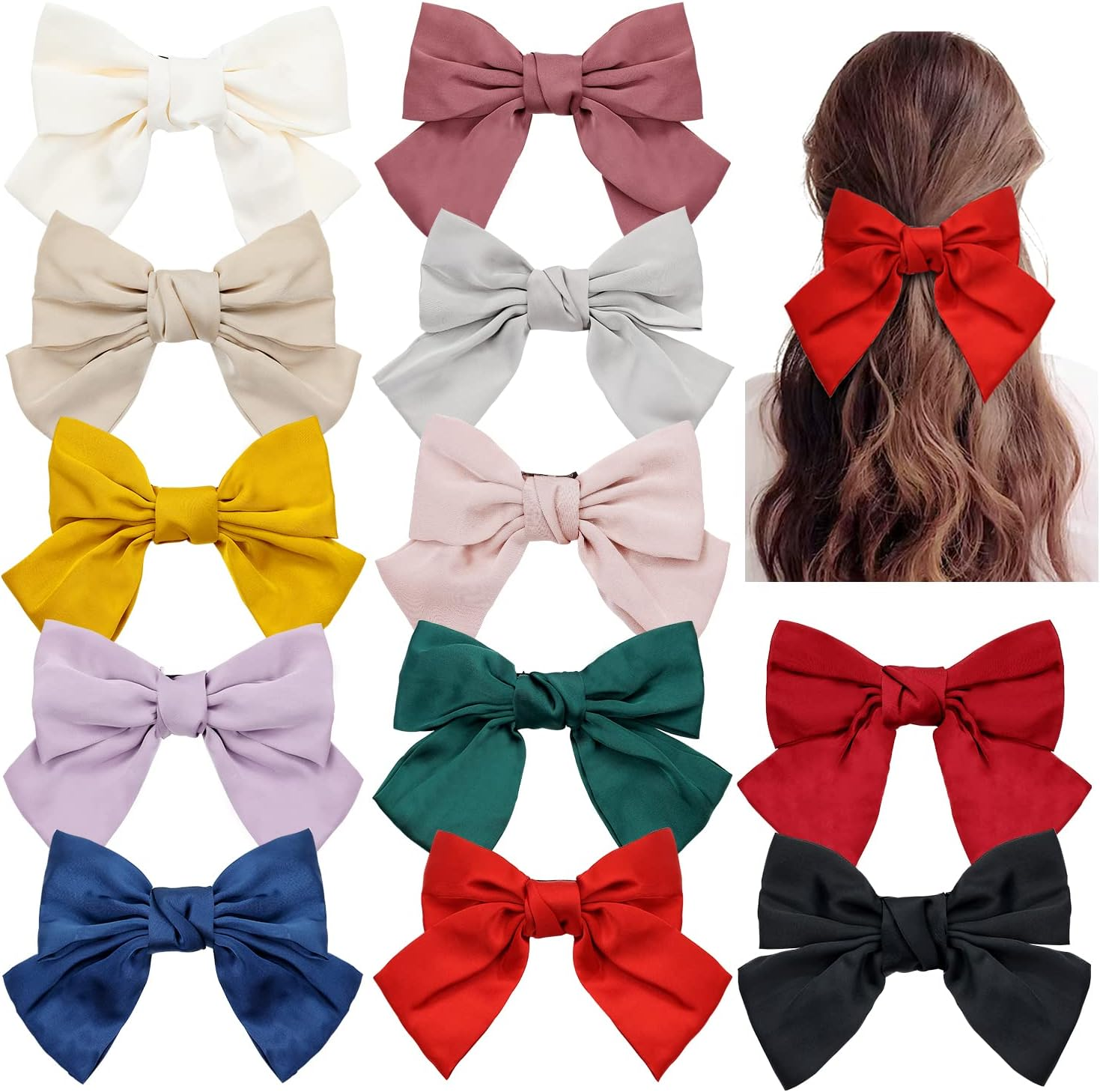 12 Pack Large Big Oversized Knot Bowknot Satin Hair Bows French Barrettes Hair Clips Bun Ponytail Holder Hair Ribbon Accessories for Women Girl image number 1