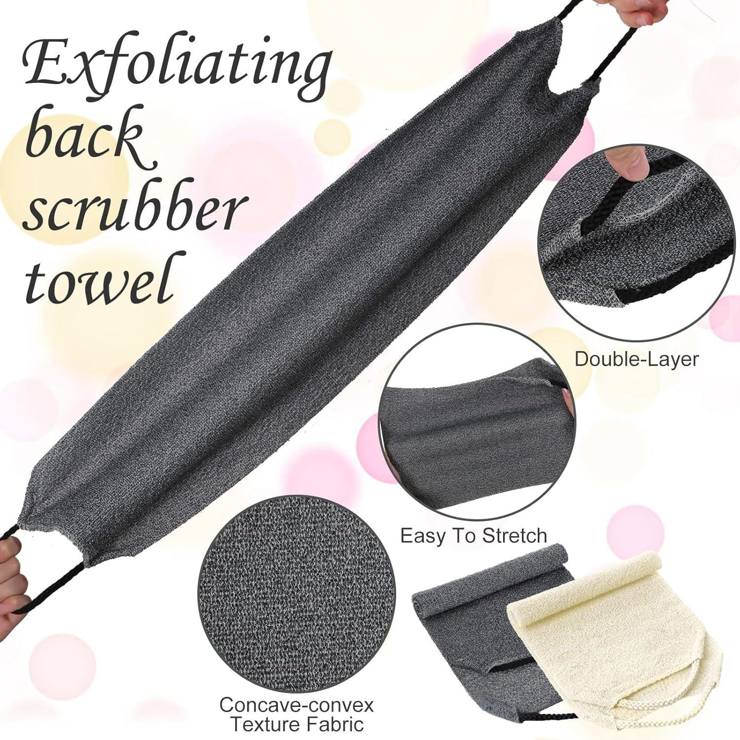 Moukeren Exfoliating Back Scrubber with Handles 4 Pack Nylon Back Exfoliator Extended Length Washers Scrubbers Stretchable Pull Strap Exfoliating Washcloth(Grey, Cream White) image number 2