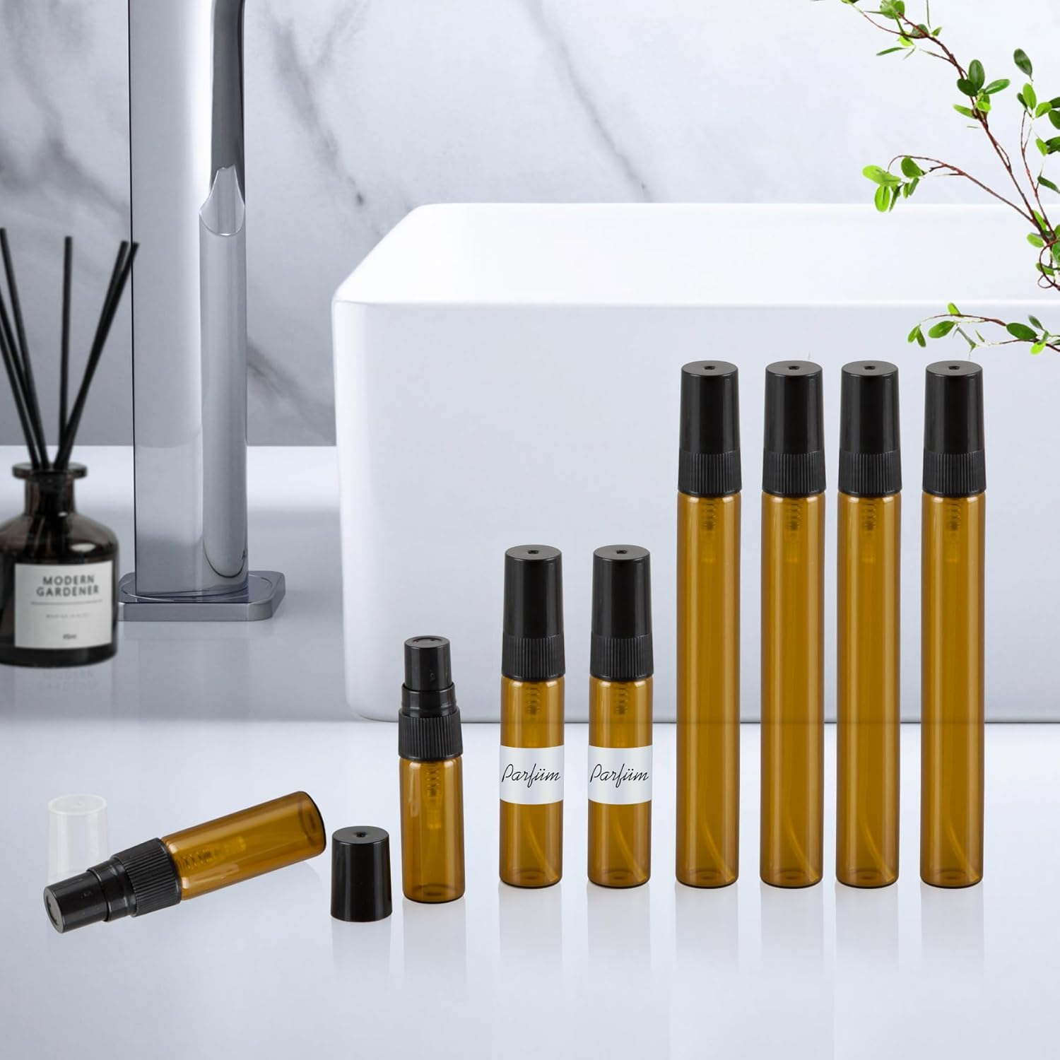 Pack of 15 Amber Perfume Atomisers Empty Spray Bottle Glass Small for Filling, Mini Pump Bags Perfume Bottle Refillable Perfume Samples for Travel 3 Ml/5 Ml/10 Ml with Pipettes Press Head image number 1