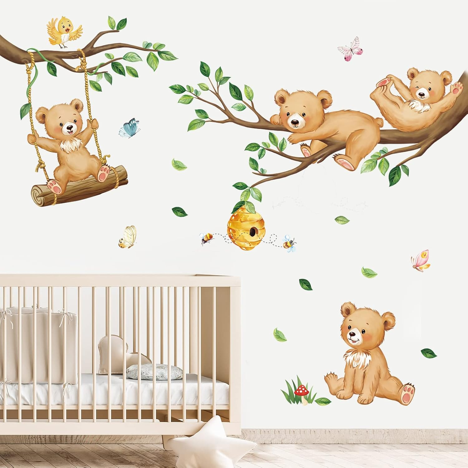 Decalmile Woodland Bear Wall Decals Animal Tree Branch Wall Stickers Baby Nursery Kids Bedroom Living Room Wall Decor