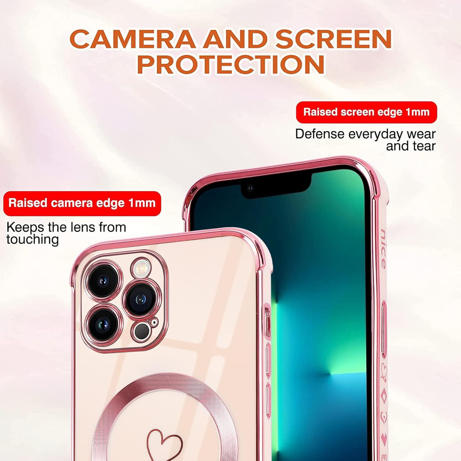 Pnakqil Mobile Phone Chain for Iphone 13 Pro Max Case with Strap, Compatible with Magsafe, Mobile Phone Case Ultra Thin Silicone Magnetic with Heart Love Pattern Protective Case with Cord for Iphone 13Pro Max 6.7 Inches, Pink image number 2