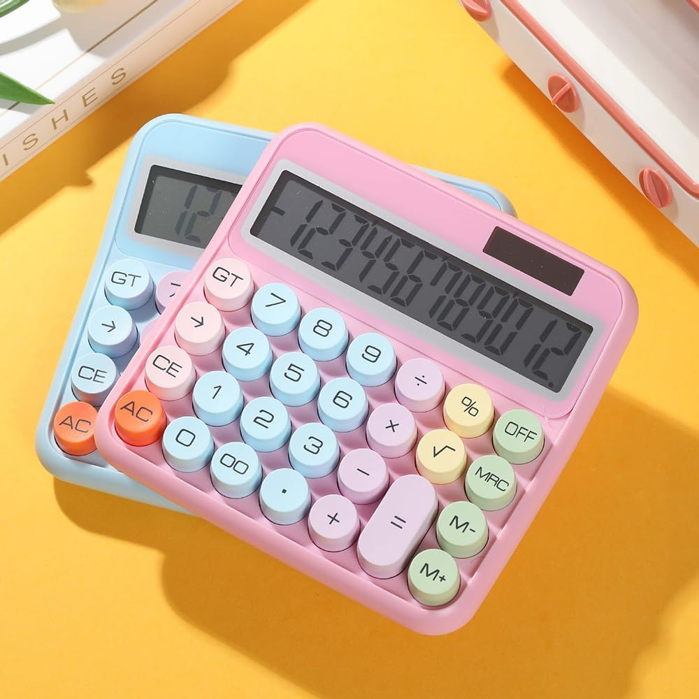 Mechanical Calculator 12 Digit Large LCD Display Big round Button 15&deg;Tilt Screen Cute Candy Colored Dual Power Supply Calculator Suitable for Office School Home for Students Accountant Purple image number 4