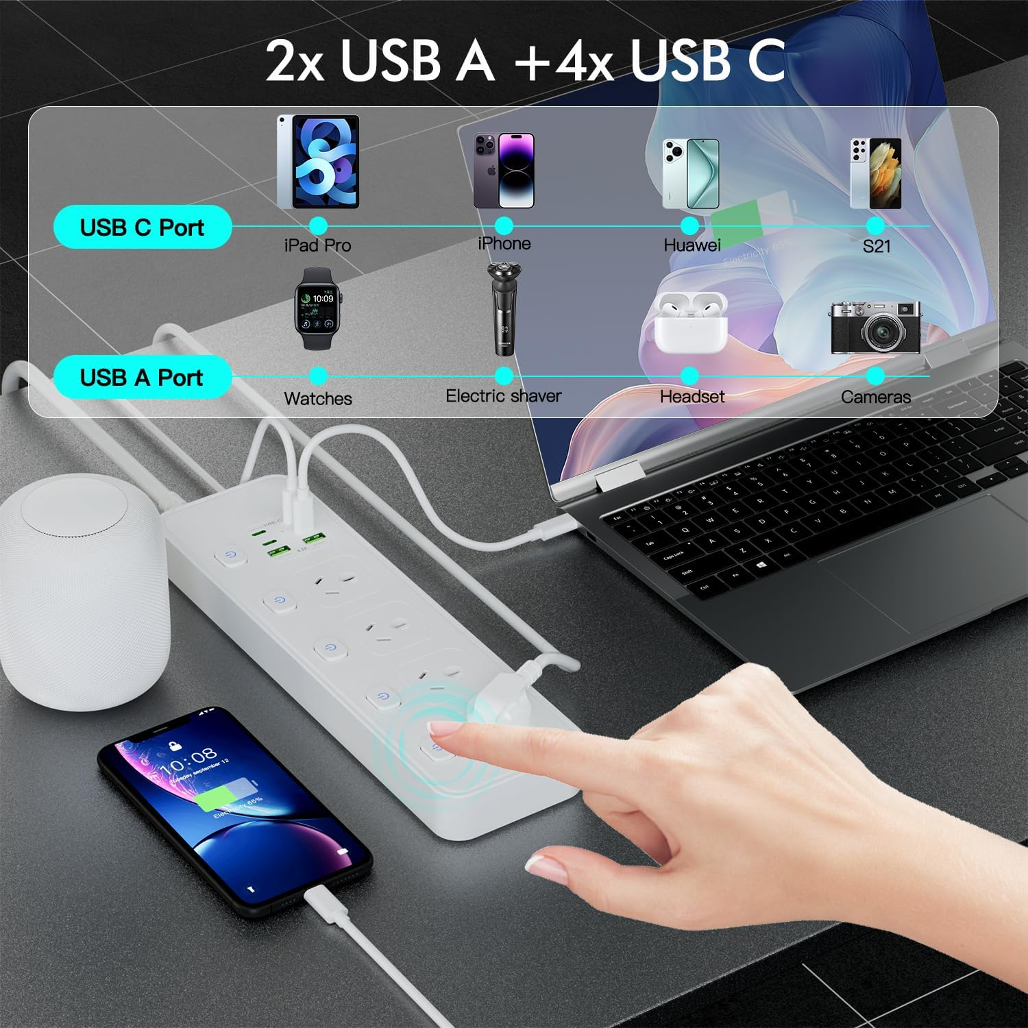 Power Board USB C, Surge Protector Power Strip with 4 AC Outlets, 4 Type C Ports and 2 USB Ports, 2M Extension Cord, Independent Switches,13A/3250W Power Board for Home Office image number 1