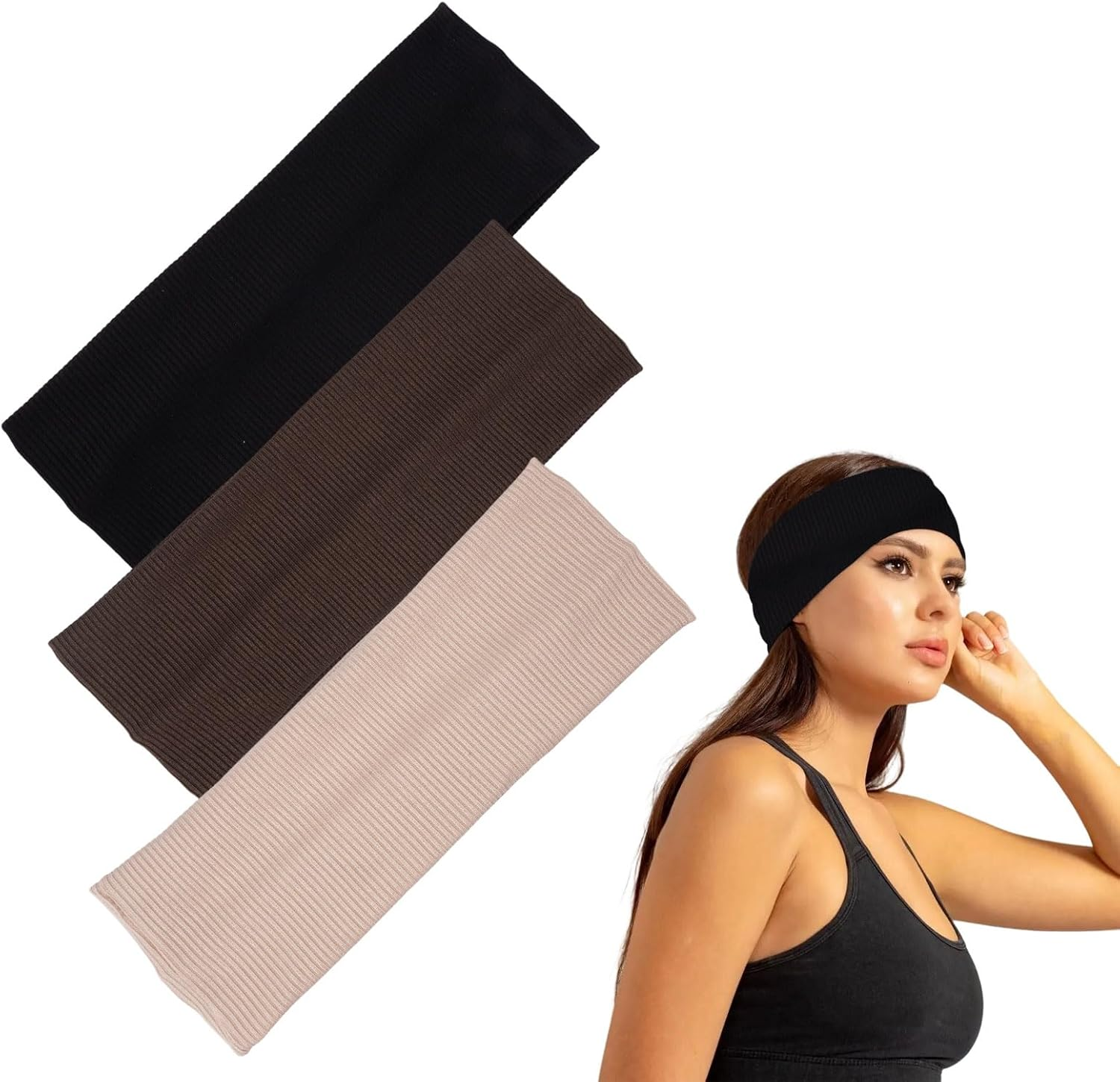 Pack of 3 Thin Yoga Headbands, Solid Colour Elastic Hair Band, Women'S Cotton Headband, Summer, Sweat, Soft, Non-Slip Headbands for Women'S Hair, Cosmetics, Workout, Running, Cycling, Fitness, Gym image number 2