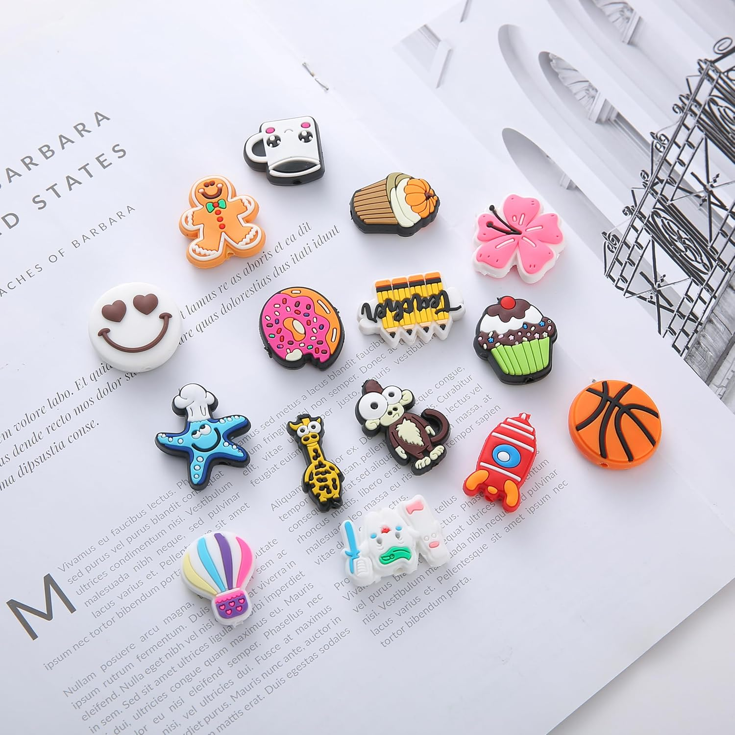 Silicone Focal Beads for Pens & Keychains, Bracelet &ndash; Bulk DIY Jewelry Making Kit, Creative Designs | Random Non-Repeat Beadable &ndash; Animals, Food, Sports, Fruit Themes with Extra Gift Pen (50 Pieces) image number 2