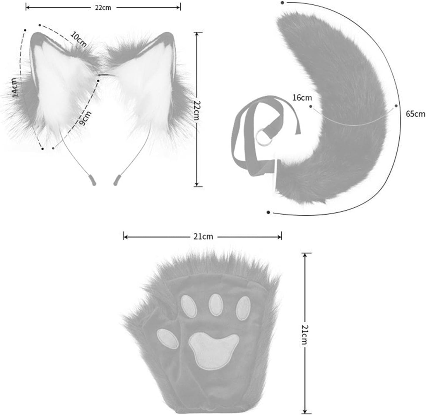 Fox Ears and Tail Set Plush Wolf Ears Hair Clip with Gloves, Plush Costume for Kids Adults Hair Hoop for Prom, Dance, Funny Gifts Dress Up, Coffee - Coffee image number 6