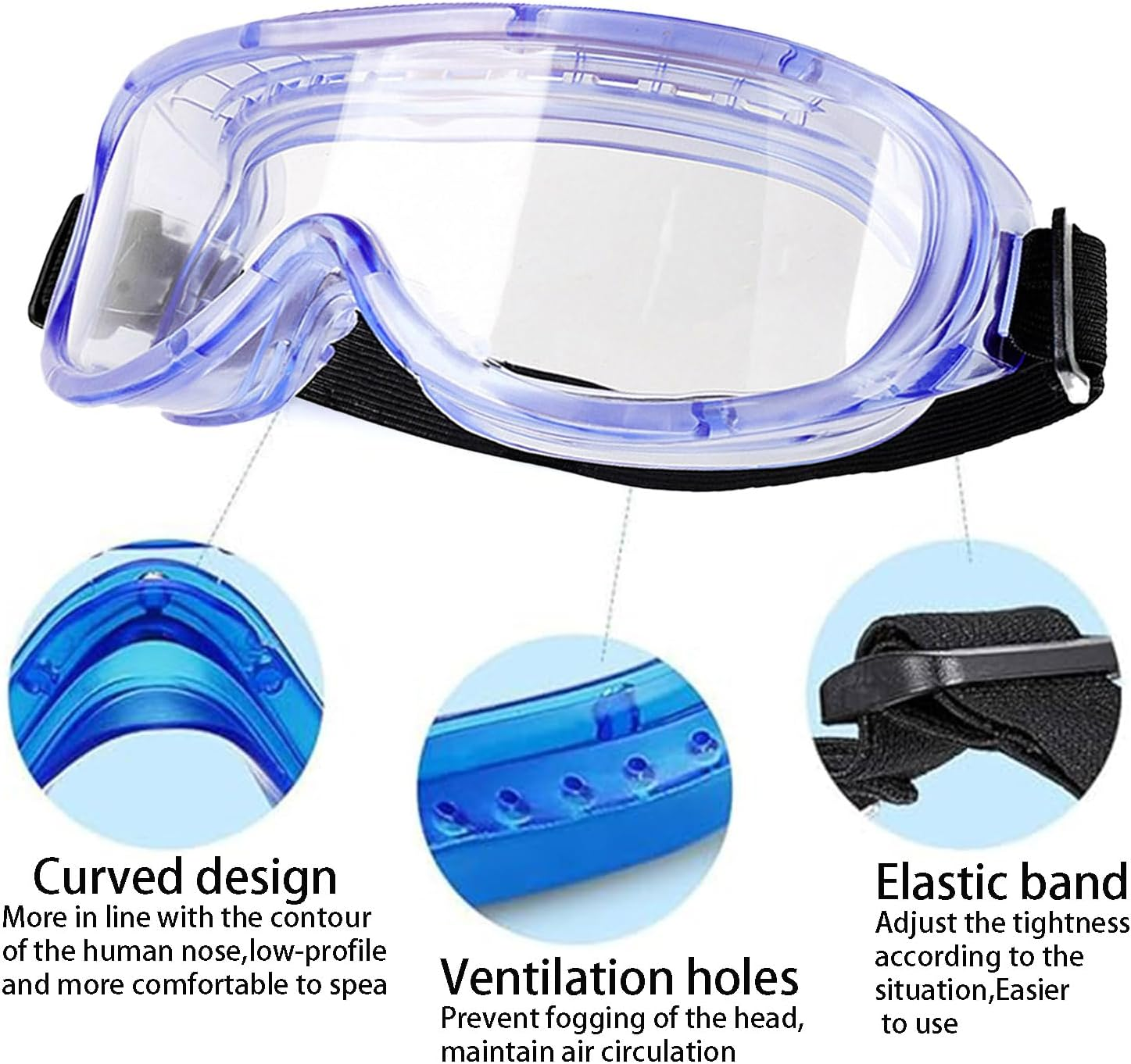 Roczential Safety Goggles Clear Lenses Anti-Fog Protective Goggles Wide Field of View Adjustable Chemical Splash Protective Eyewear Soft Lightweight Eyewear image number 2