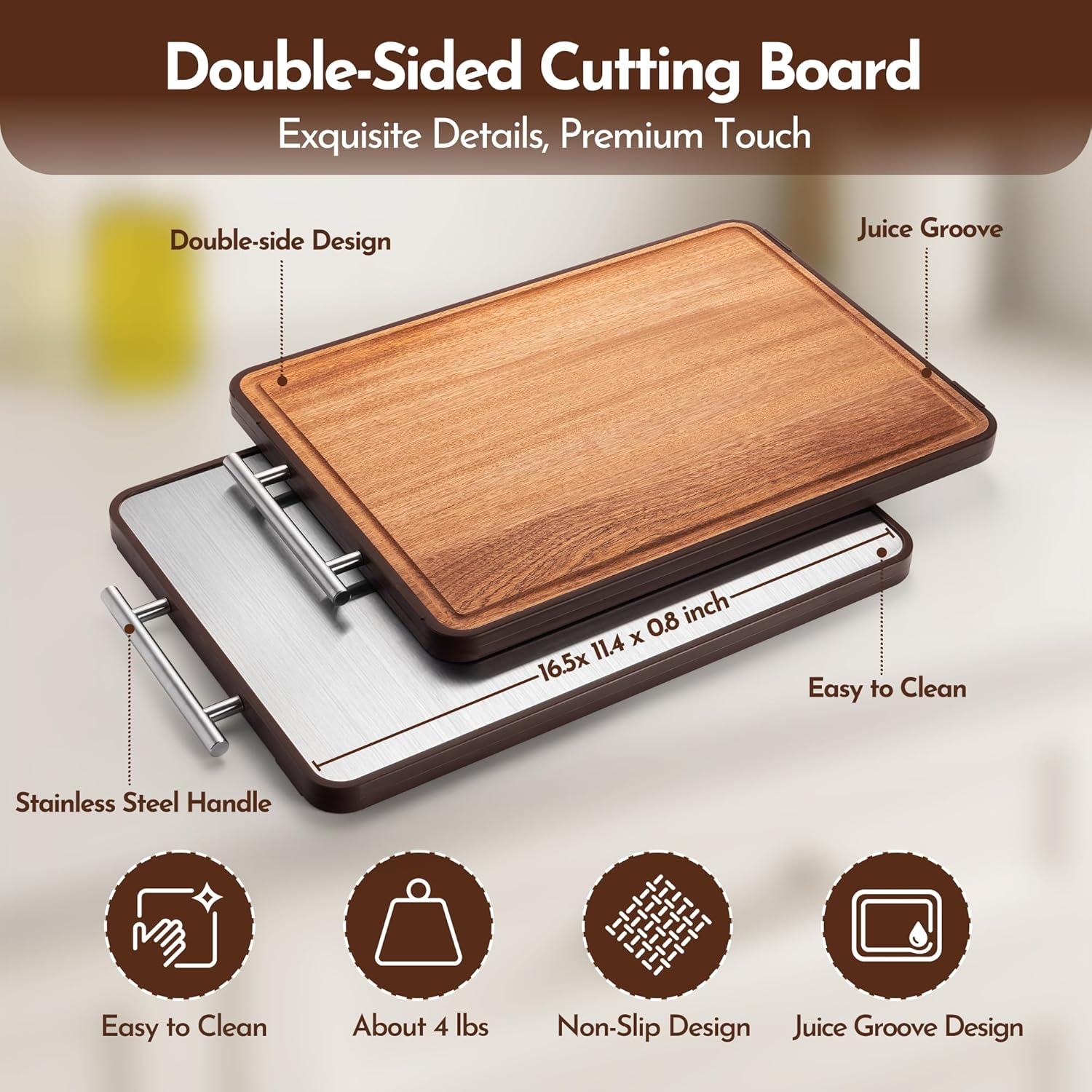 Chopping Board &ndash; Premium Wooden Cutting Board with Stainless Steel & Ebony, Double-Sided with Juice Groove &ndash; Ideal for Kitchen Prep, Charcuterie, Meat, Cheese & Fruit image number 2