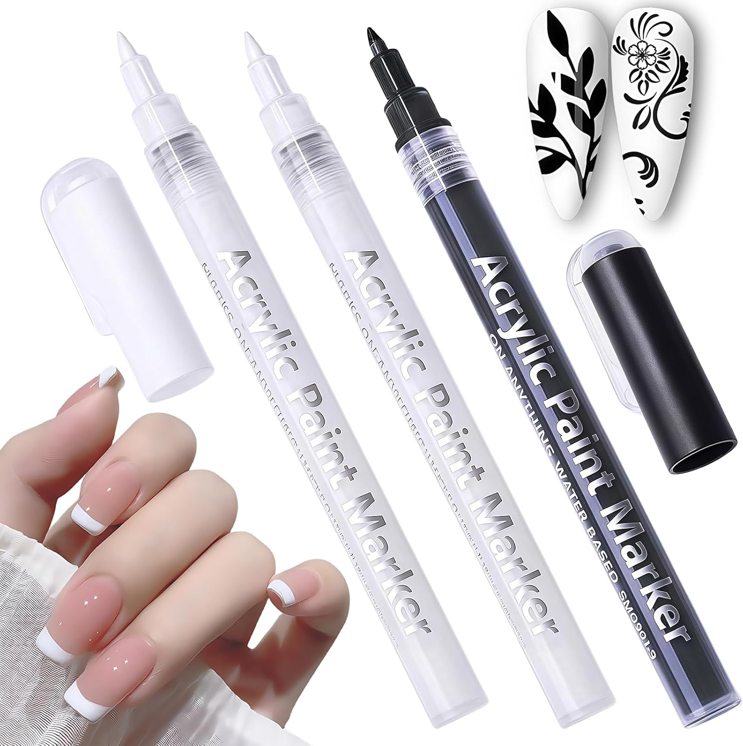 3PCS Fast Drying Fine Tip Nail Art Pens - White Nail Polish French Tip for DIY Decoration, Fine Point Manicure Pens, Quick Dry Formula for Dot & Line, Manicure Stamping Tools (White Black)