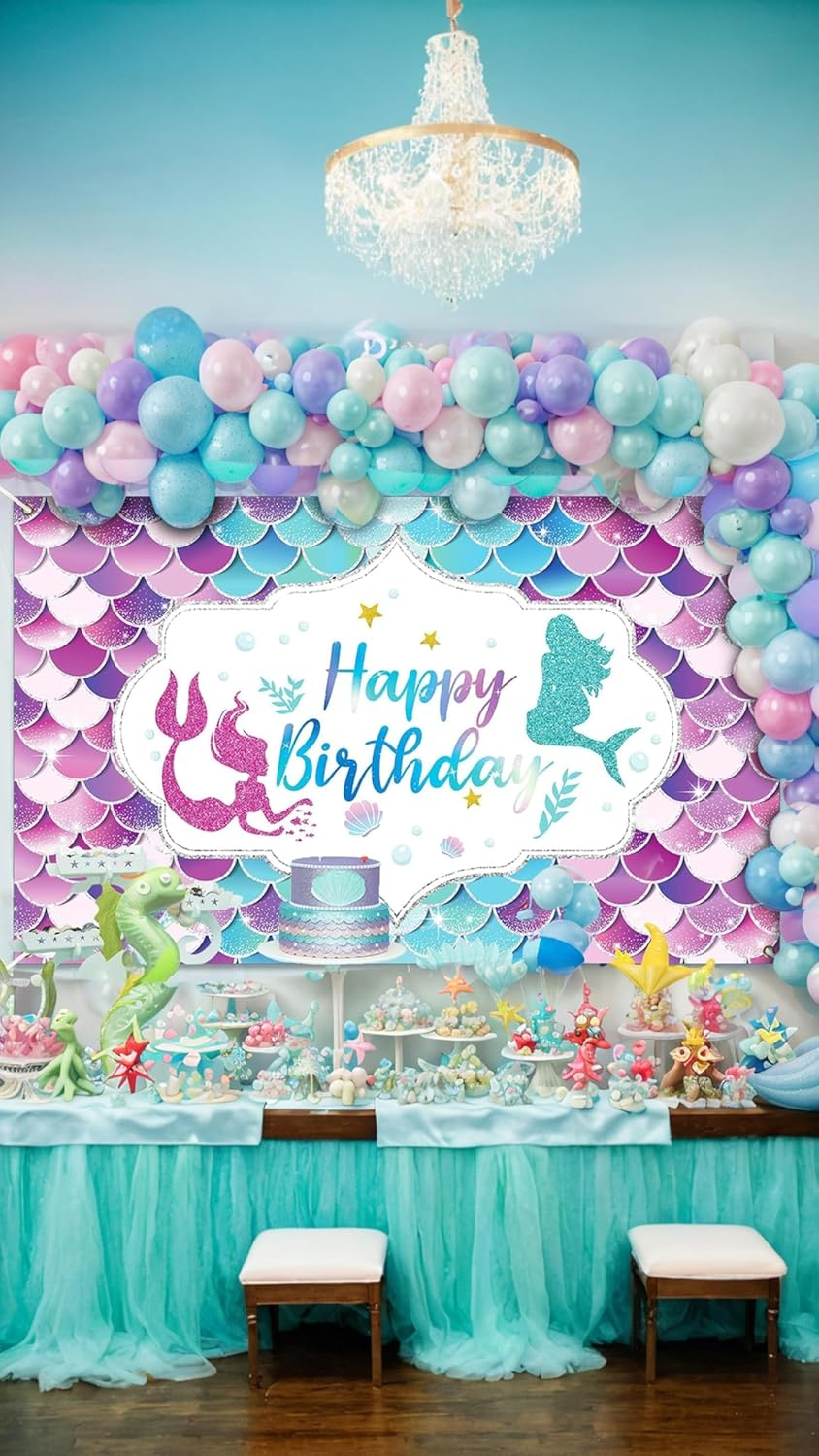 Honwor Mermaid Happy Birthday Backdrop Banner - under the Sea Princess Party Decor, Reusable, Indoor/Outdoor & Car Party Theme, Vibrant Colors, Easy Setup & Cleanup, for Kids & Teens image number 3
