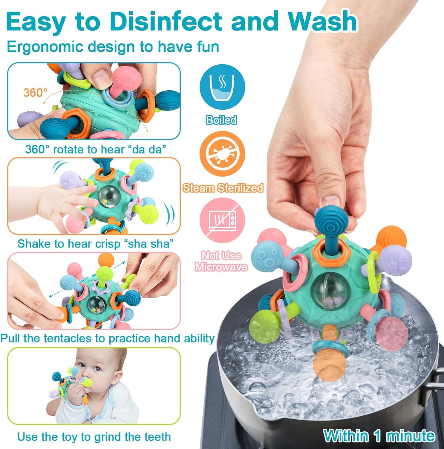 Baby Montessori Sensory Toys 0-6 Months, Teething Toys for Babies, Gifts for Infant Newborn Boys Girls 0 3 6 9 12 18 Months, Rattle Chew Toys for 1 2 Year Old Toddler Bpa-Free Freezer Soft (Green) image number 3