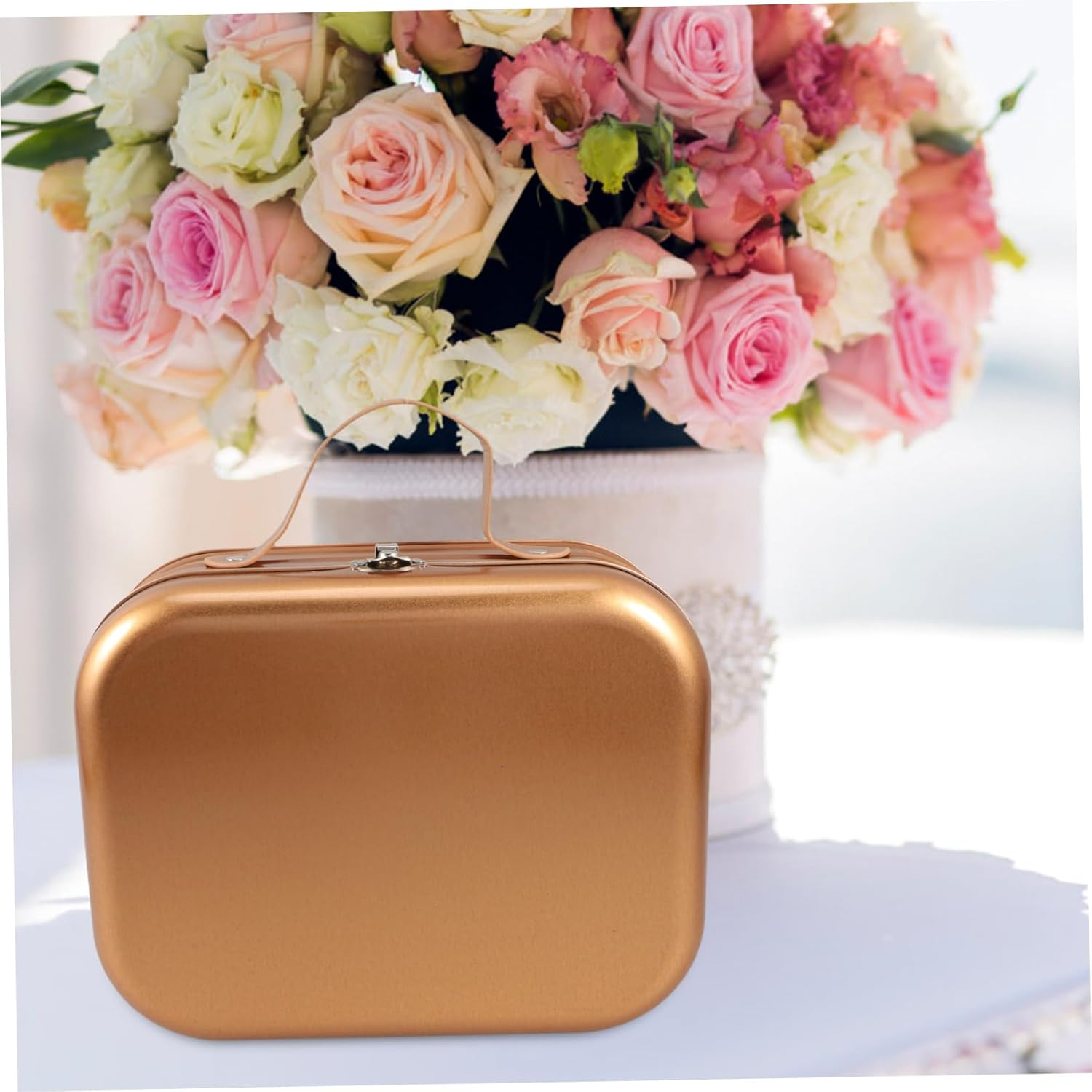 Tinplate Keepsake Storage Case Handle 220X170X108Mm Gold Handheld Packing Box Suitable for Gift Wrapping and Portable Organizing image number 3