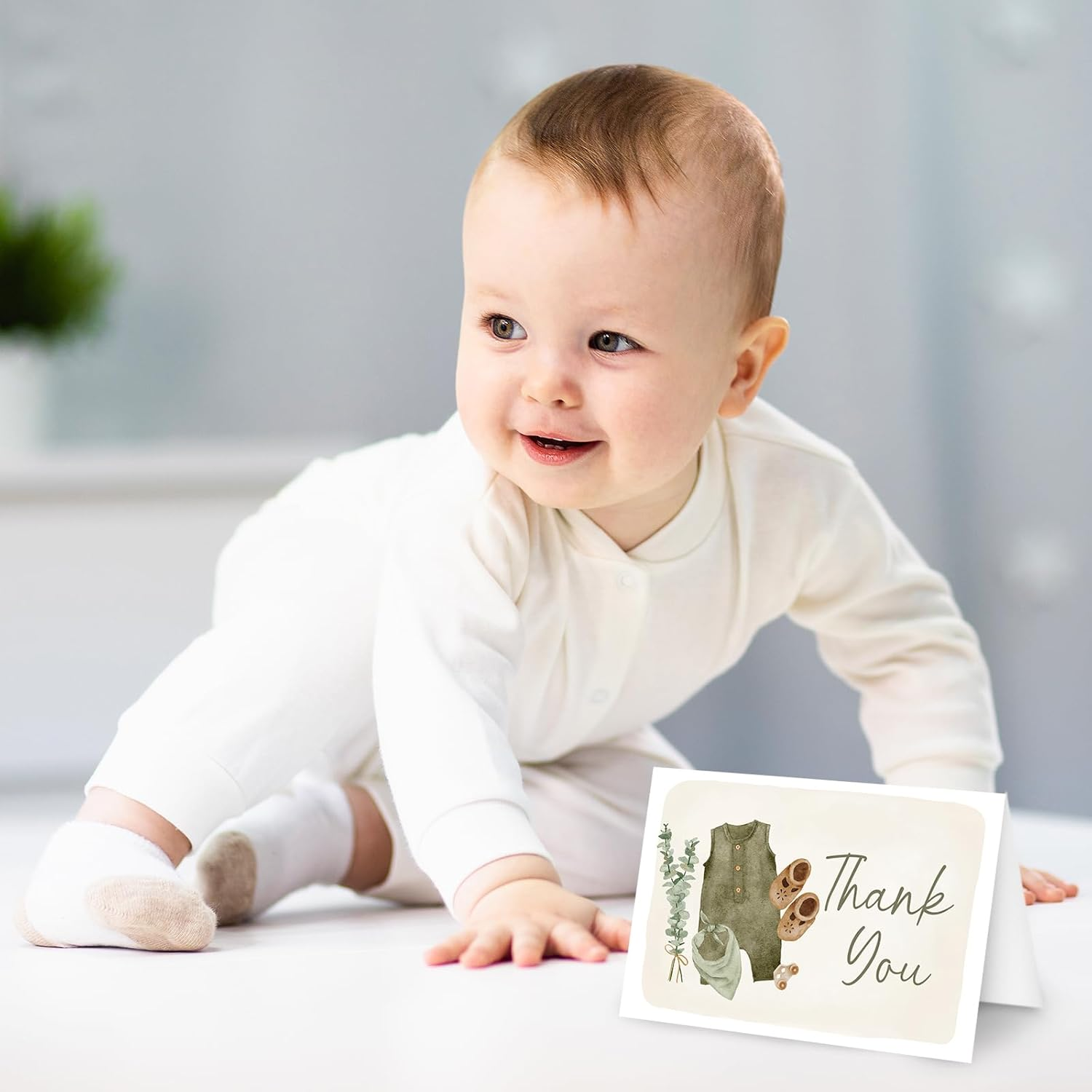 24 Pack Baby Shower Thank You Cards Green Baby Cloth Note Cards with Envelopes Stickers Greeting Blank Card for Boy Birthday Baby Shower image number 5