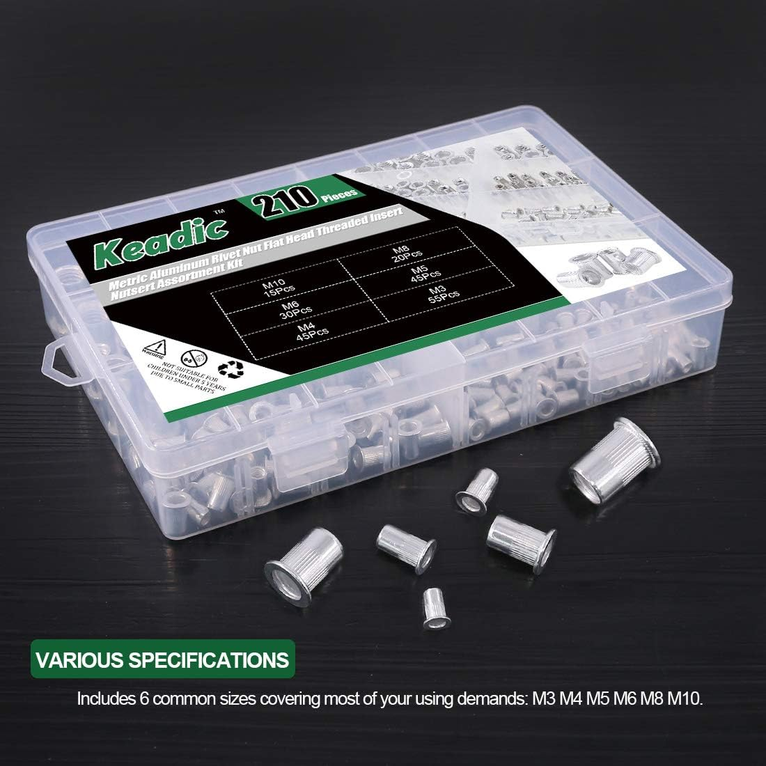 Keadic 210Pcs Metric Aluminum Rivet Nut Flat Head Threaded Insert Nutsert Assortment Kit - M3 M4 M5 M6 M8 M10 image number 3