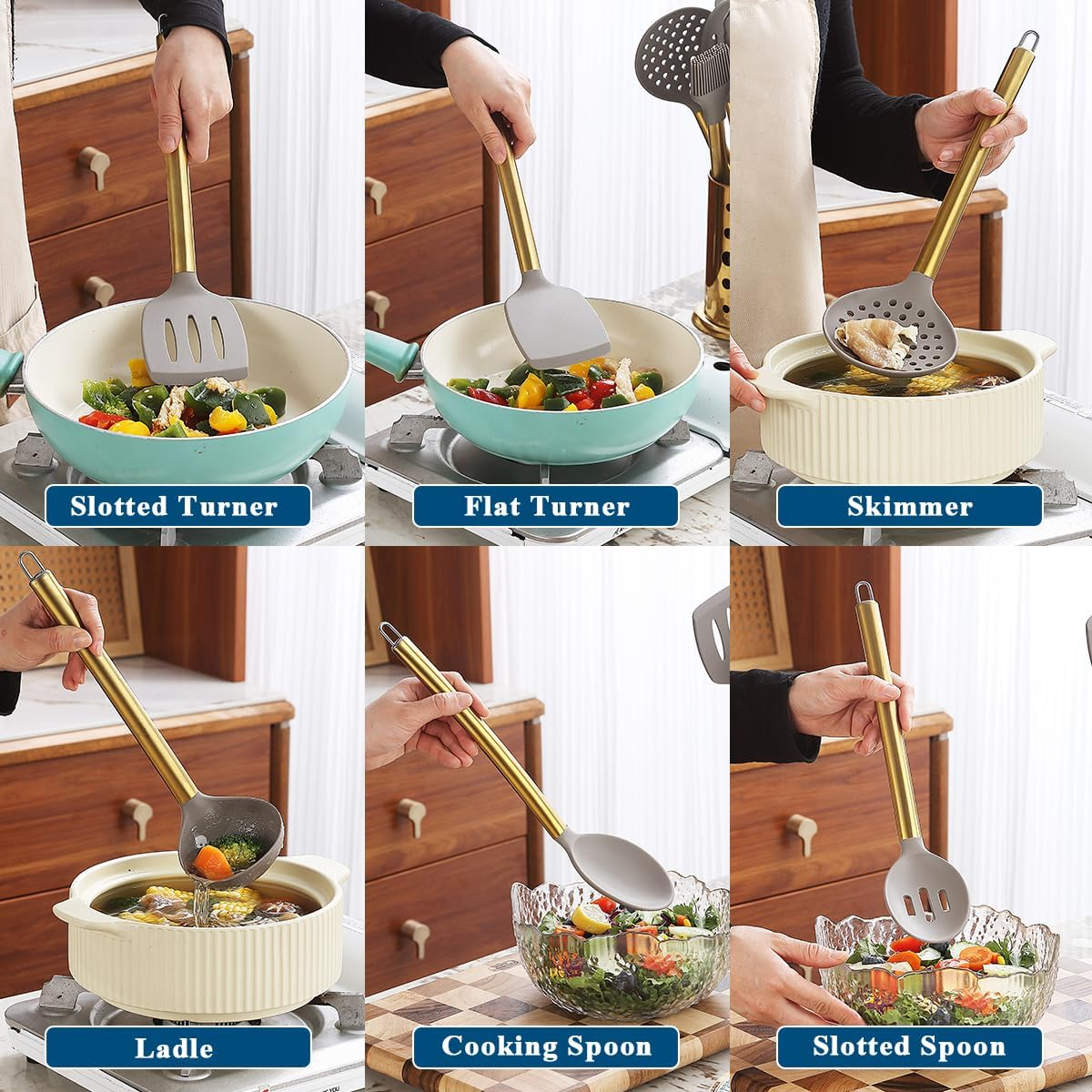 Gold Kitchen Utensils Set, Kyraton 38 Pieces Non-Stick Silicone Cooking Utensils Set, Spoon Spatula Set with Sturdy Stainless Steel Utensil Holder, Dishwasher Safe image number 6