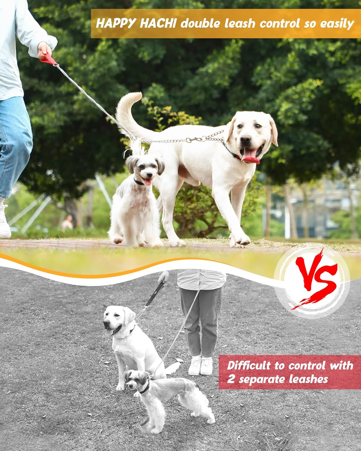 Double Dogs Lead 2 Way Iron Chain Leash Coupler Twin Pet Trainer Safety Rope Splitter for Walking Training (M-3.5Mm*60Cm) image number 4