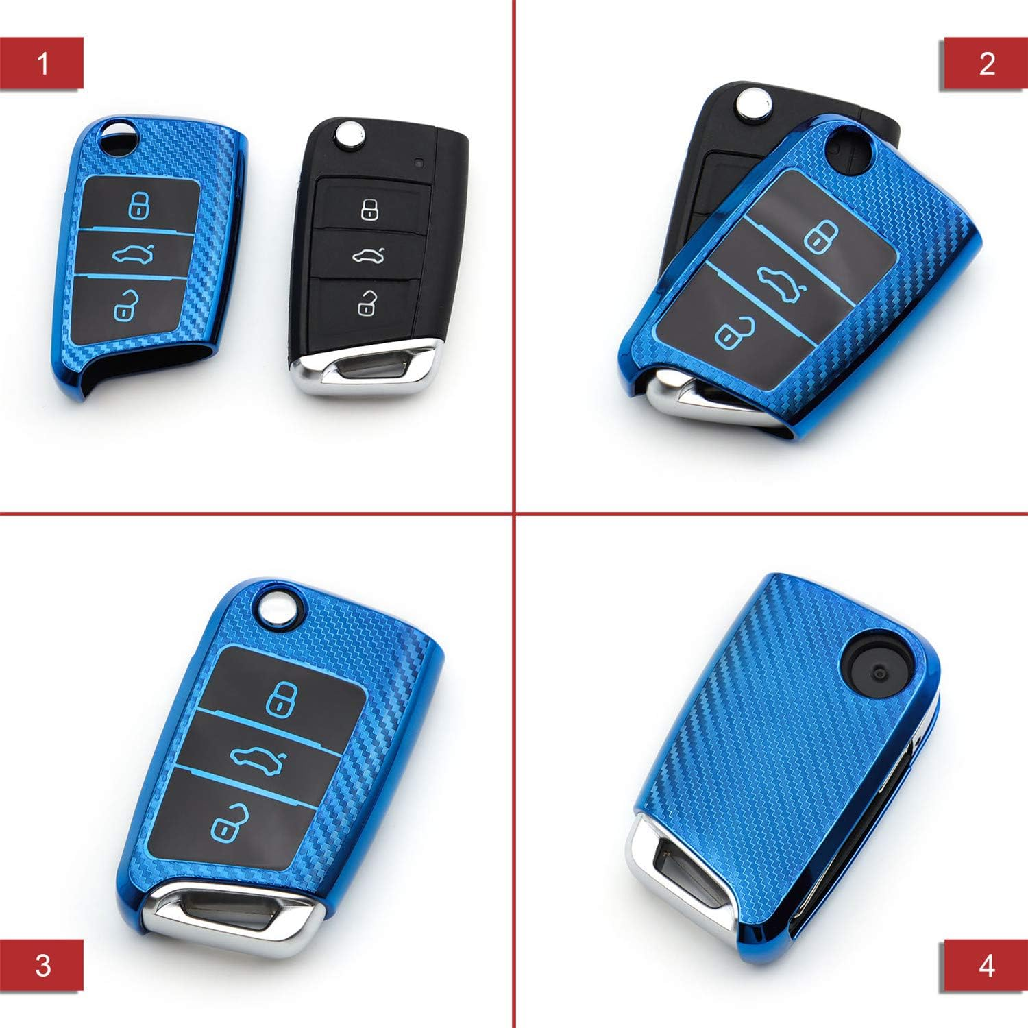 M.Jvisun Soft Carbon Fiber Finish Car Key Fob Cover for Volkswagen Atlas Golf Jetta Polo for Tiguan for Skoda Kodiaq Karoq for Audi A1 for Seat Ateca Leon Flip Key TPU Case with Keychain - Blue image number 6