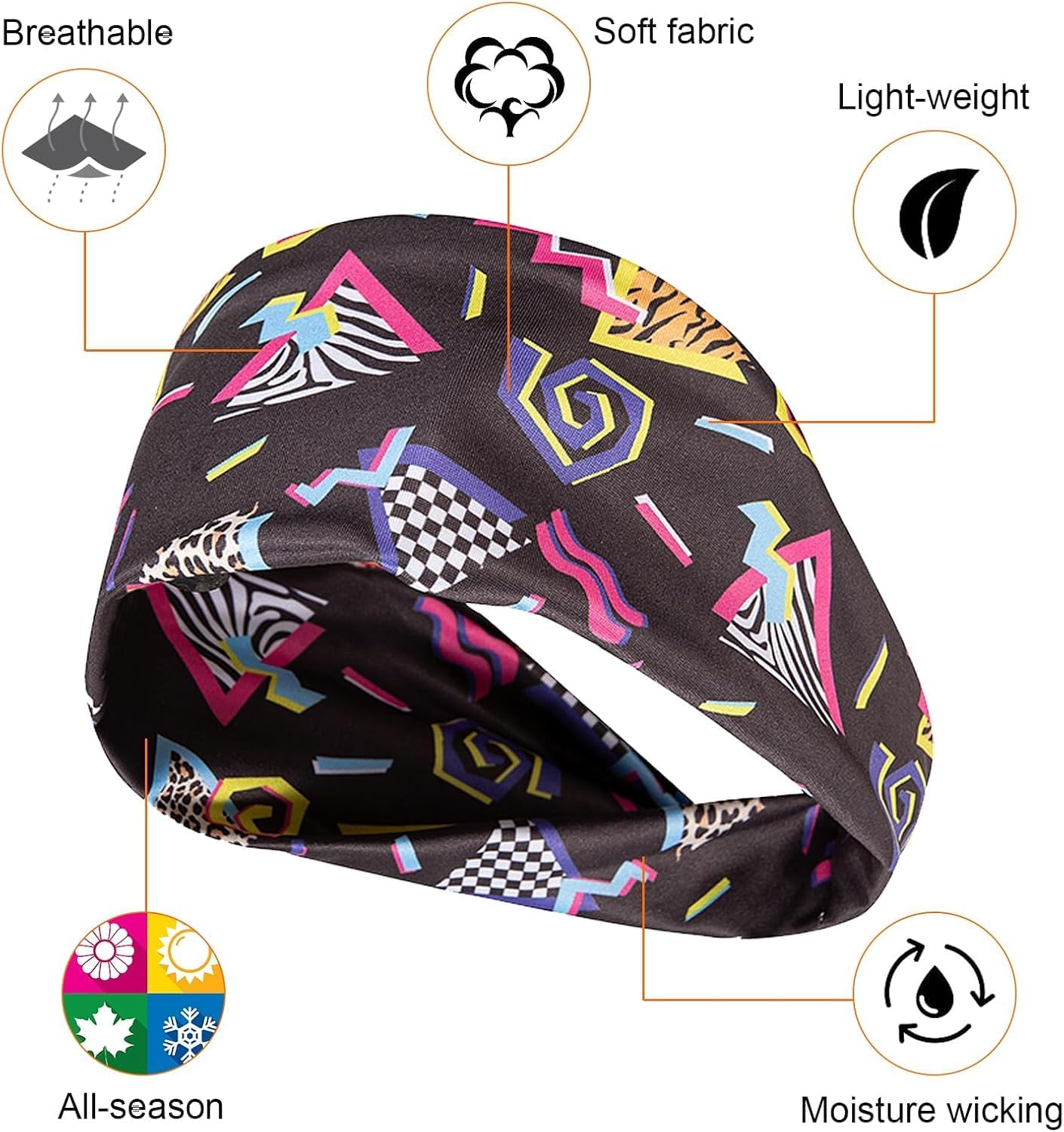 4 Pcs Neon 80S/90S Retro Headbands for Women and Men Wide Vintage Fashion Sweatbands for Travel, Hiking, Running image number 5