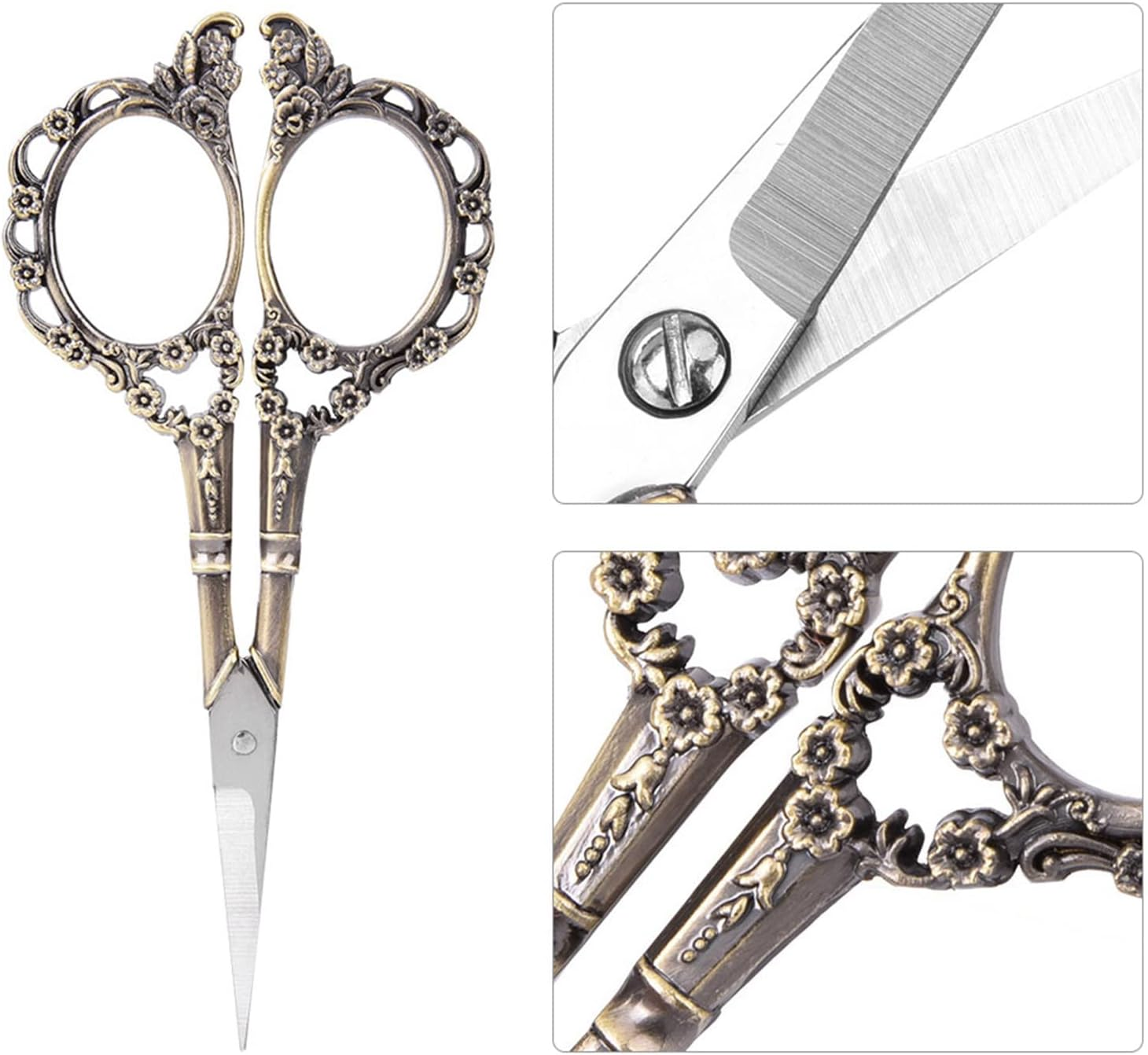 1Pc Vintage Flower Pattern Scissors Needlework Embroidery Stainless Steel Tailor Scissors Small Sharp Sewing Scissors Stainless Steel Sewing Scissors for Art Work (Bronze Plating) - Gold image number 4