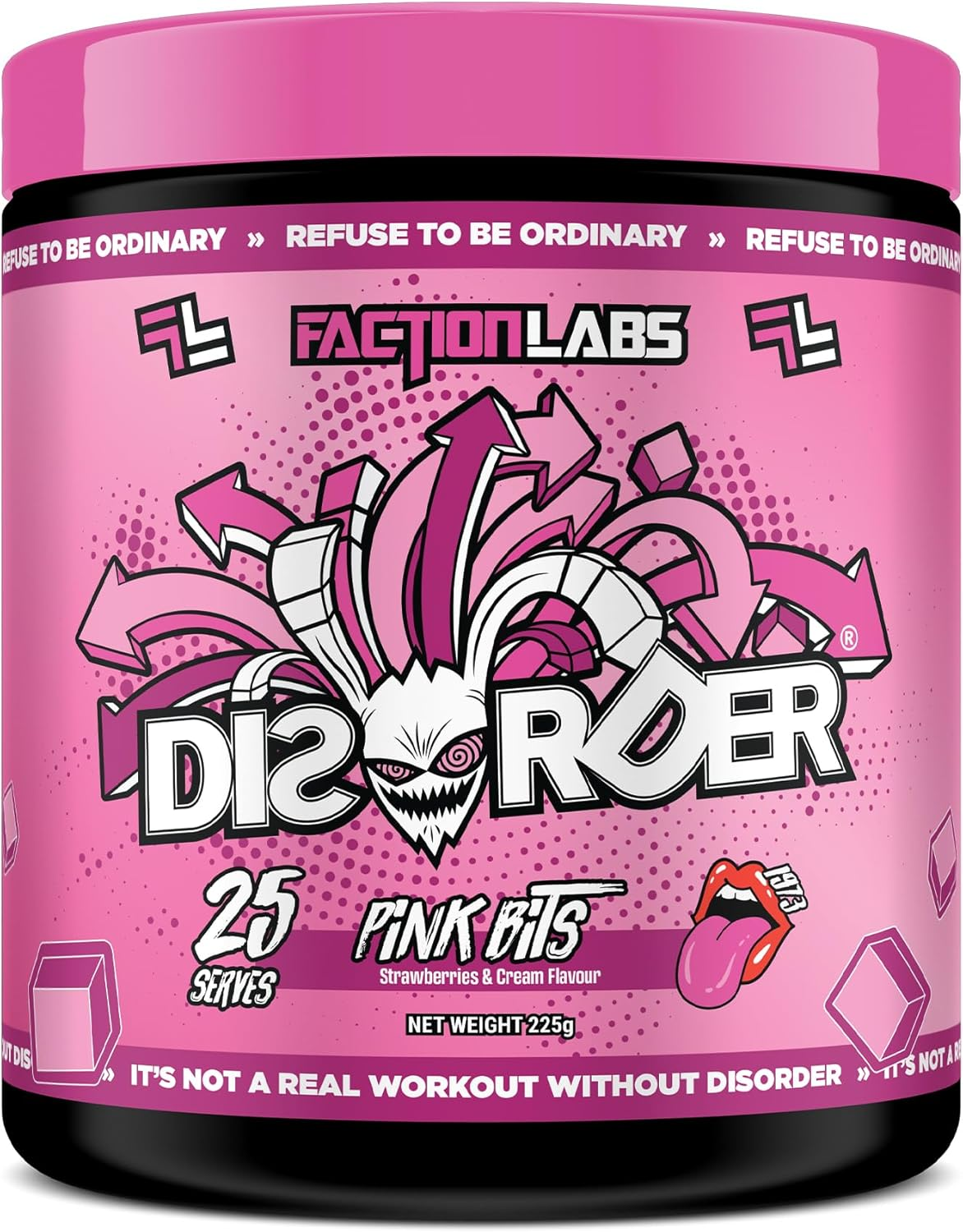 Faction Labs Disorder Original Pre Workout Powder, Pink Bits (Strawberries & Cream), Sugar Free Caffeinated Gym Supplement, 25 Serves, 225G image number 3
