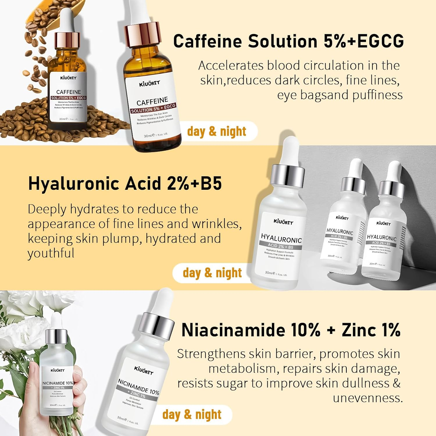 Anti Aging Face Serum Set 3 PCS, Caffeine Solution, Niacinamide and Hyaluronic Acid Serum for Face, anti Aging & Wrinkle, Improve Skin Texture, Deeply Hydrating for All Skins image number 1