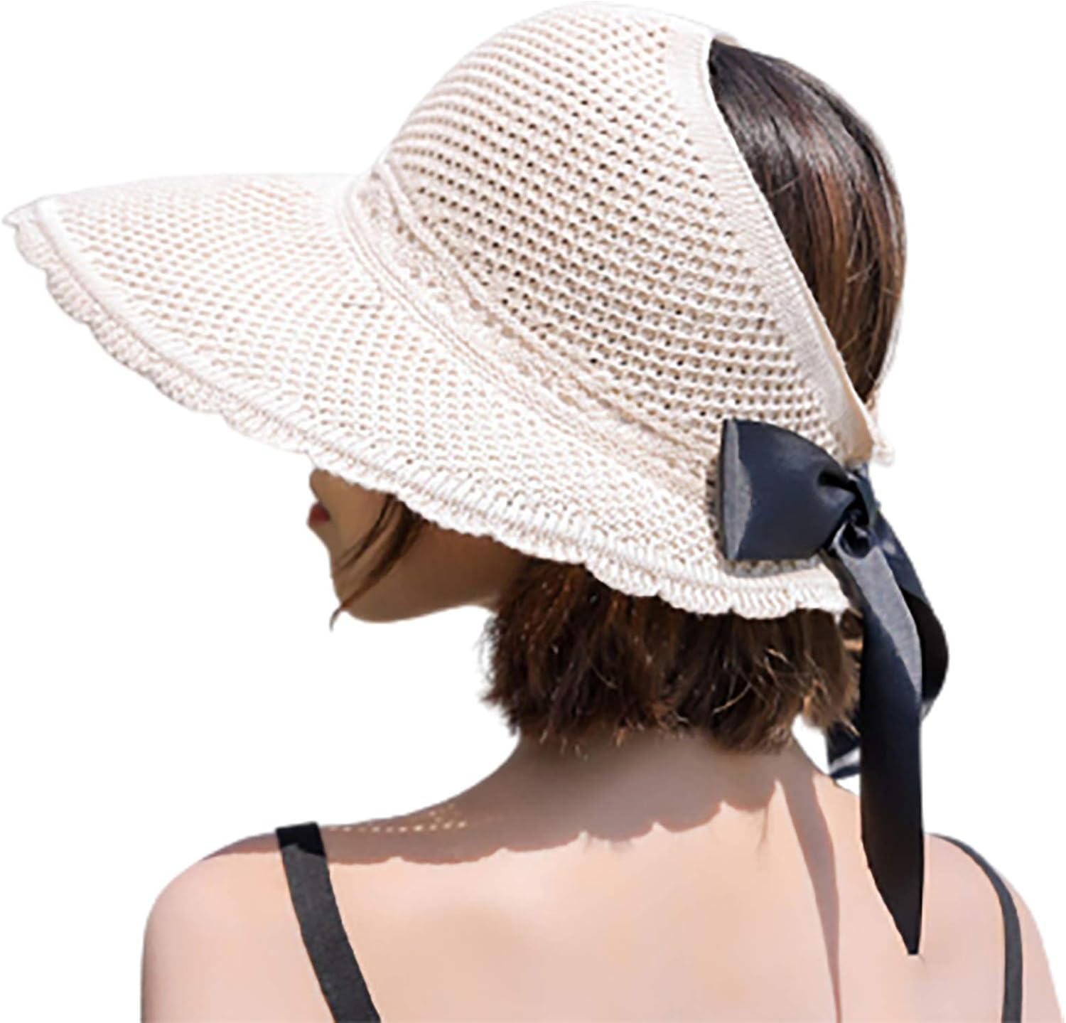 Sun Hats for Women with Ponytail Hole UV Protection Wide Brim Beach Cap Lightweight Foldable/Packable Straw Hats Bucket Cap with Decorative Bow
