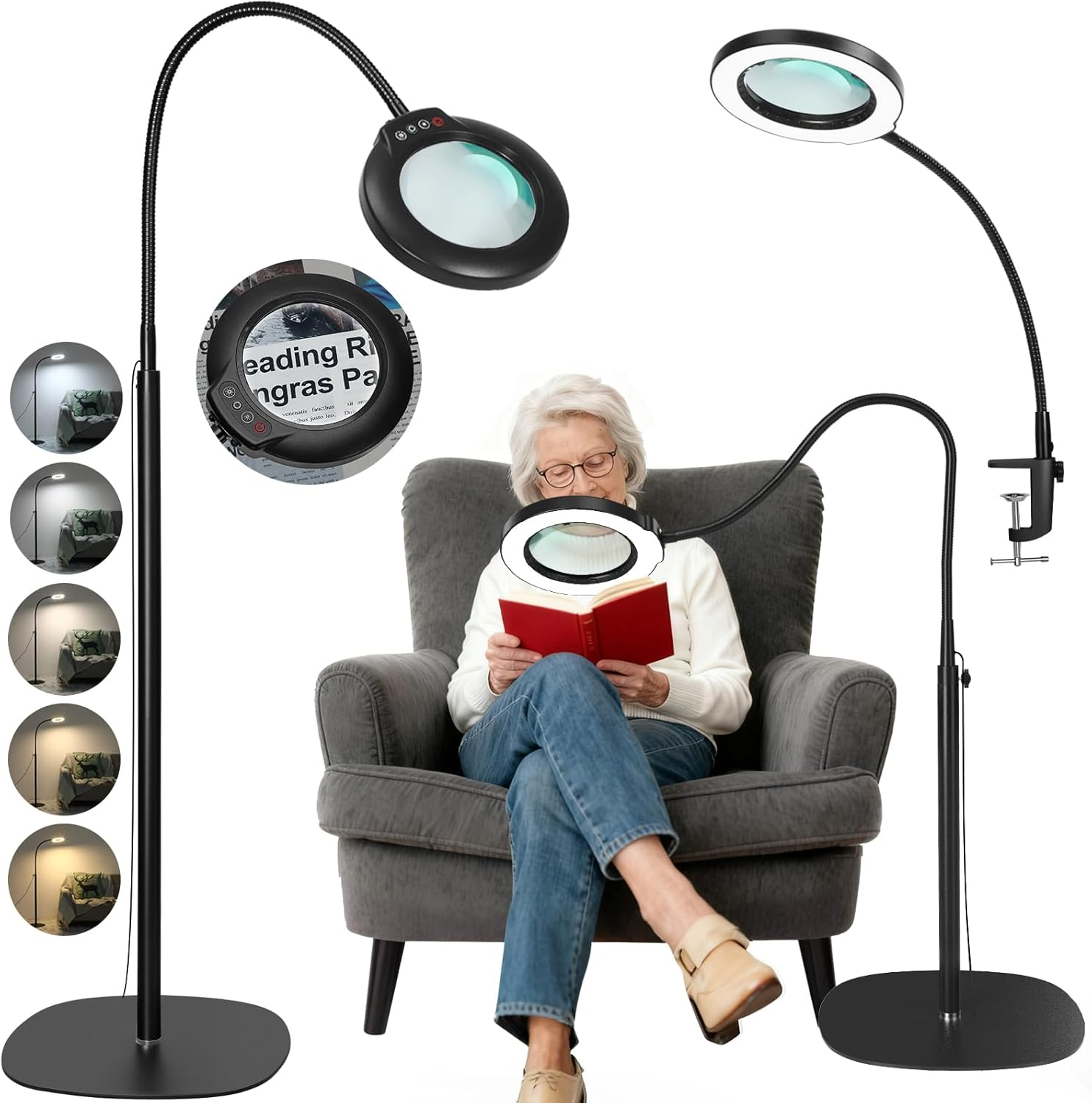 Veemagni 10X Floor Lamp with Magnifying Glass, 3 in 1 LED Magnifying Lamp, Flexible 24 Inch Gooseneck Floor Lamp, 5 Colour Modes Continuous Dimming, Floor Lamp on Stand for Reading Painting image number 5