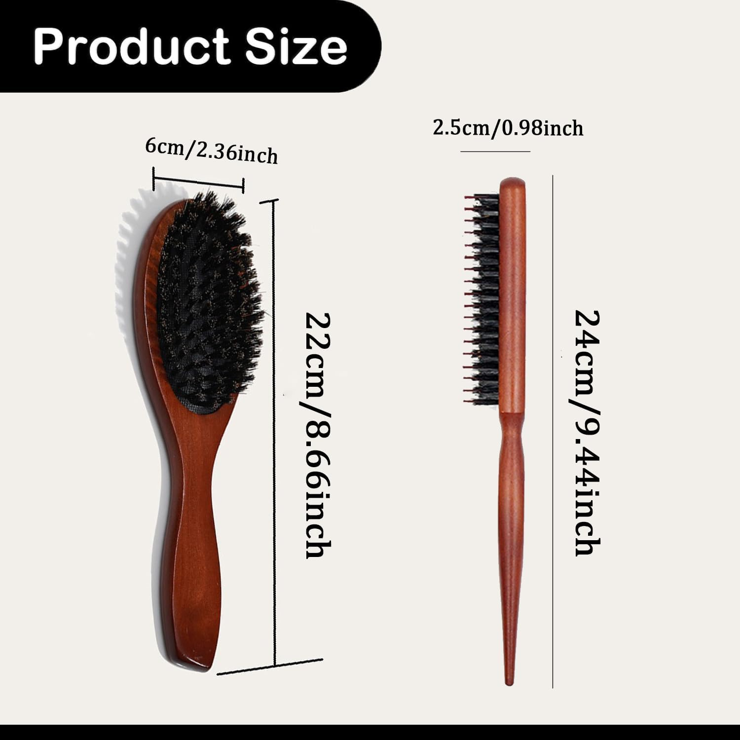 Lxcshljx 2 Pcs Bristle Brush, Boar Bristle Hair Brush, Boar Bristle round Brush, Teasing Brush for Fine Hair, Slick Back Bristle Hair Brush with Wooden Handle, Teasing Comb for Women Thin Thick Hair image number 1