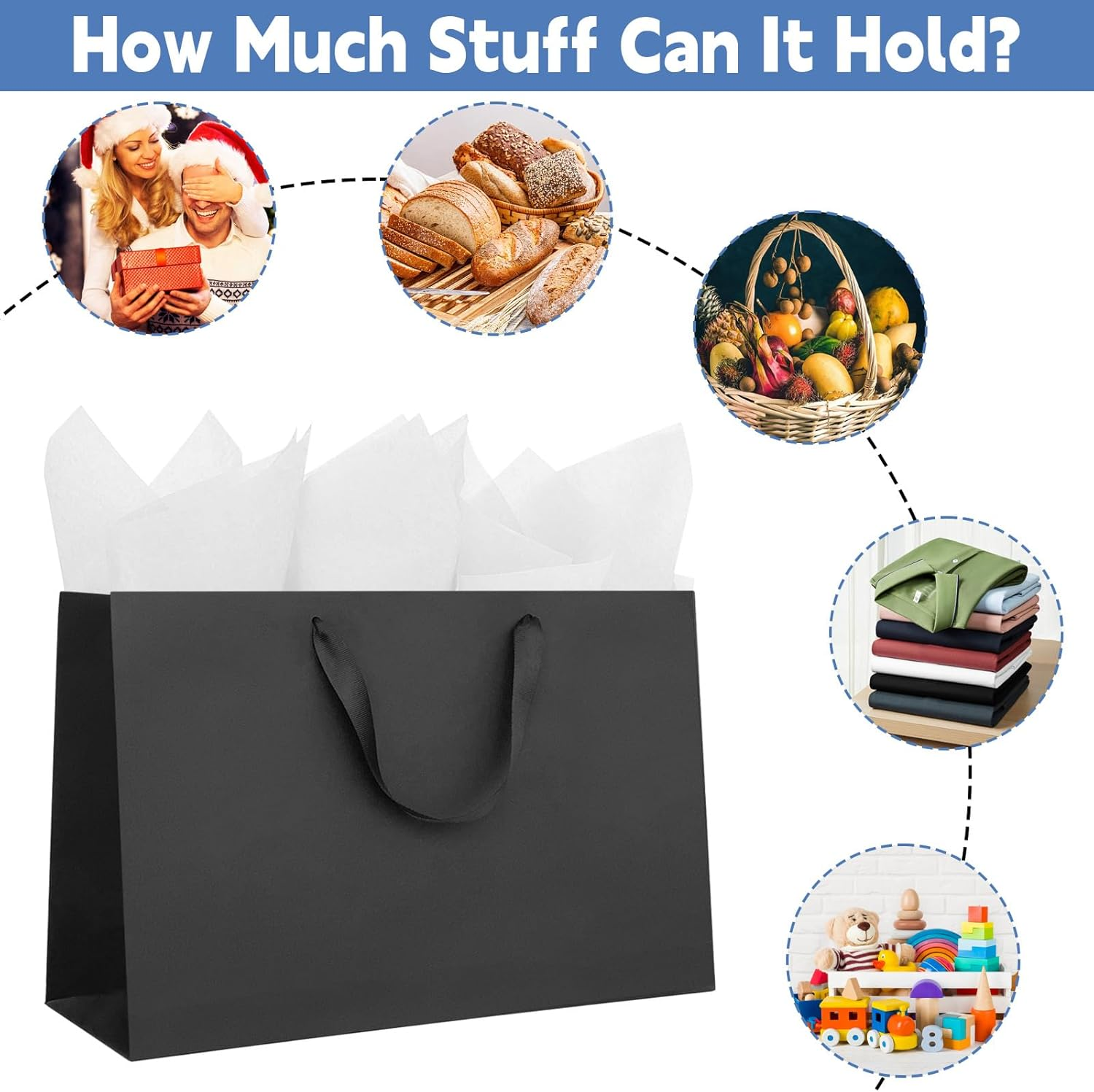 Fayrvind 6 Pack 40 X 28 X 12CM Black Gift Bags with Handles,Large Size Gift Bags Bulk with White Tissue Papers for Christmas Birthday Graduation Anniversary Fancy Wedding, Baby Shower Bridesmaid Party image number 6