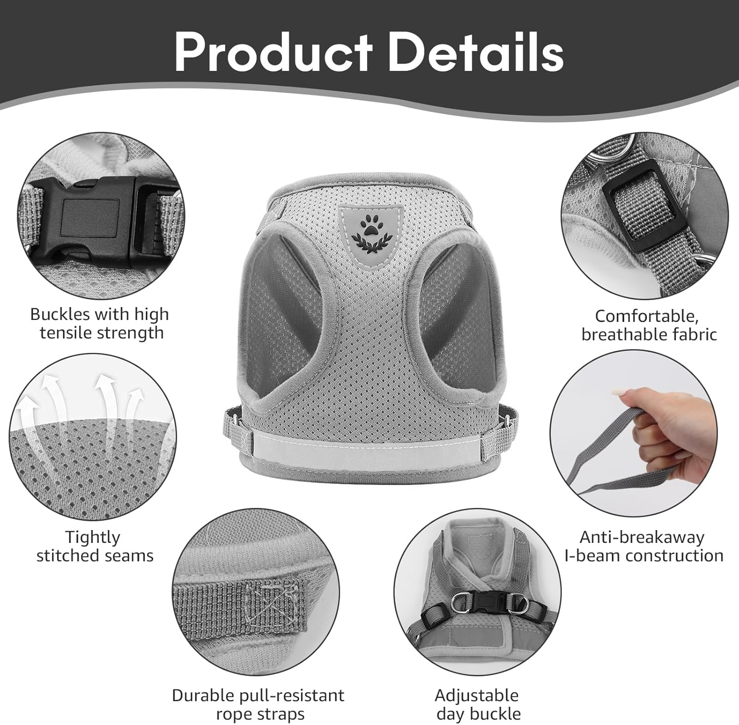 Adjustable Cat Harness, Escape Proof, Adjustable Cat Harness with Lead, Soft Inner Lining and Breathable Mesh, Reflective Harness Set for Outdoor Training, Walking, XS (Grey) image number 4