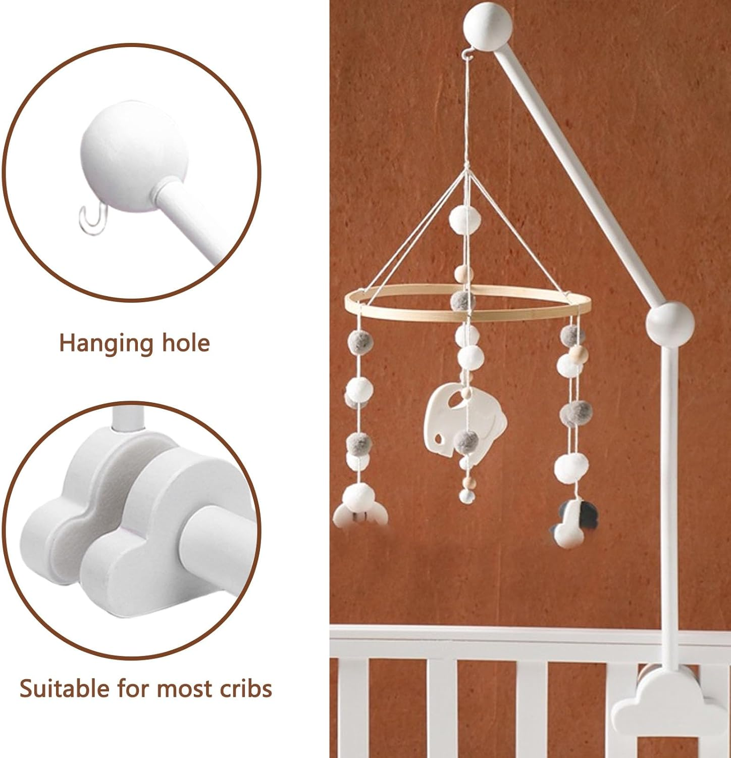 Wooden Crib Mobile Hanger Bracket, Baby Crib Mobile Arm Baby Mobile Holder Arm with Beech Wood No Tool Installation for DIY Projects Nursery Decor