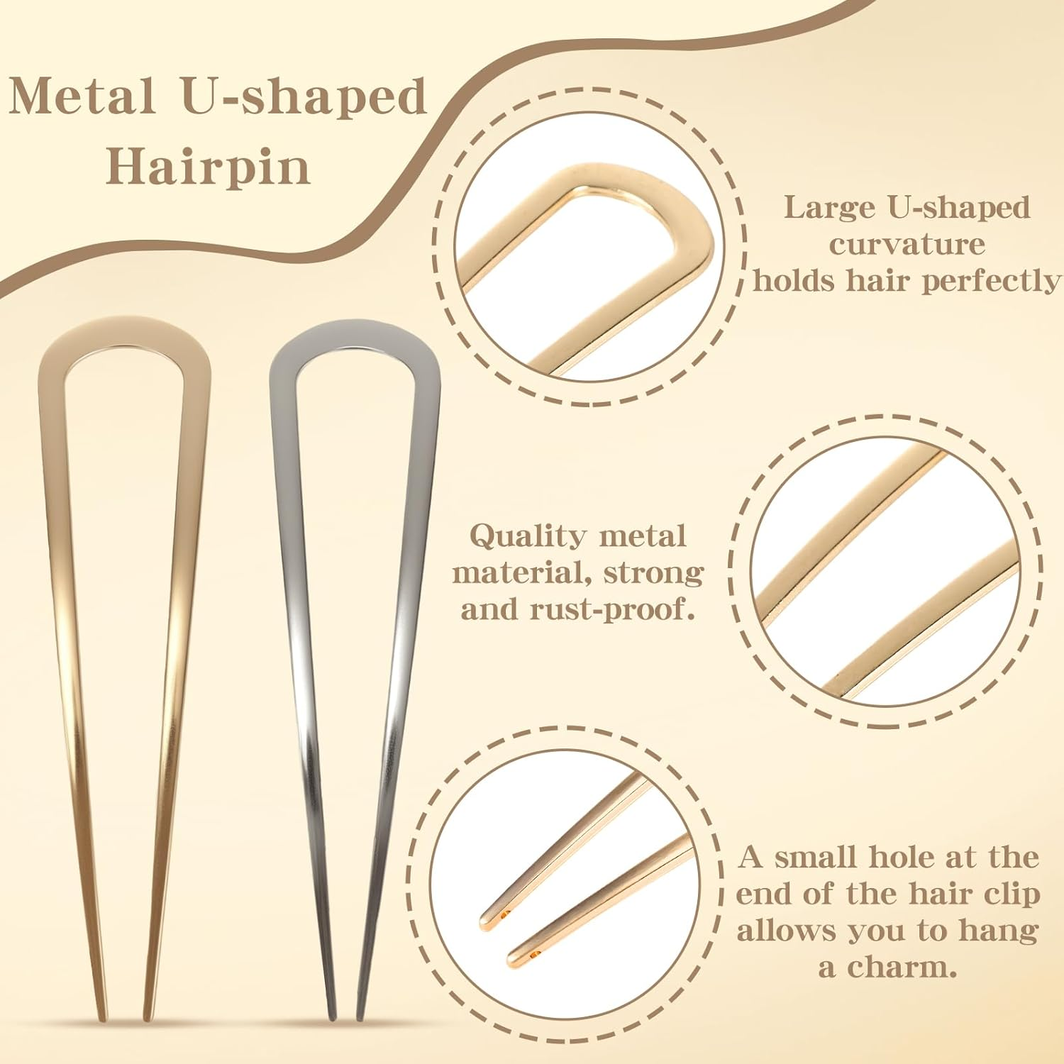 Pack of 6 U-Shaped Hair Pins, French Hair Pin, Metal Hair Pins, Large Headpiece for Women, Girls, Long Hairstyle Accessories