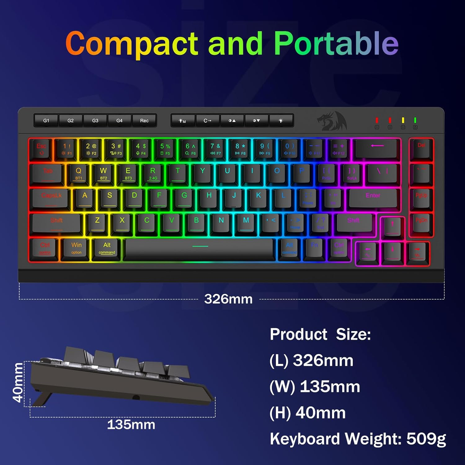 Redragon Portable Wireless Gaming Keyboard, Extra On-Board Macro Keys, Bluetooth/2.4Ghz/Usb-C, RGB Backlit, Anti-Ghosting, Rechargeable, Software Support, 60% Quiet Membrane Keyboard image number 5
