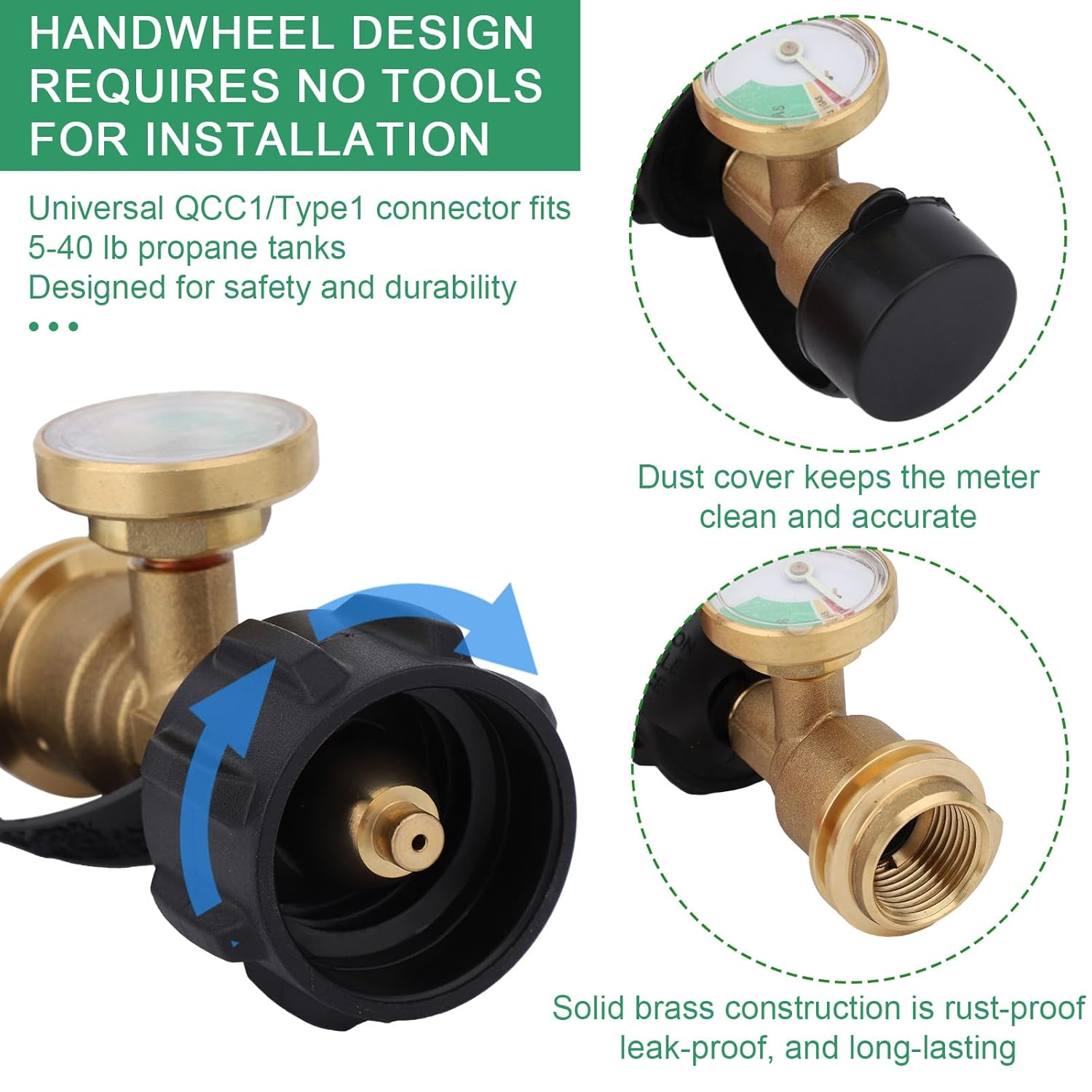 Propane Tank Gauge Level Indicator for 5-40Lb LP Tanks, Universal Propane Gauge Color-Coded Leak Detector Gas Pressure Meter with Qcc1/Type 1 Connection for BBQ Grill RV Heater Camping image number 6