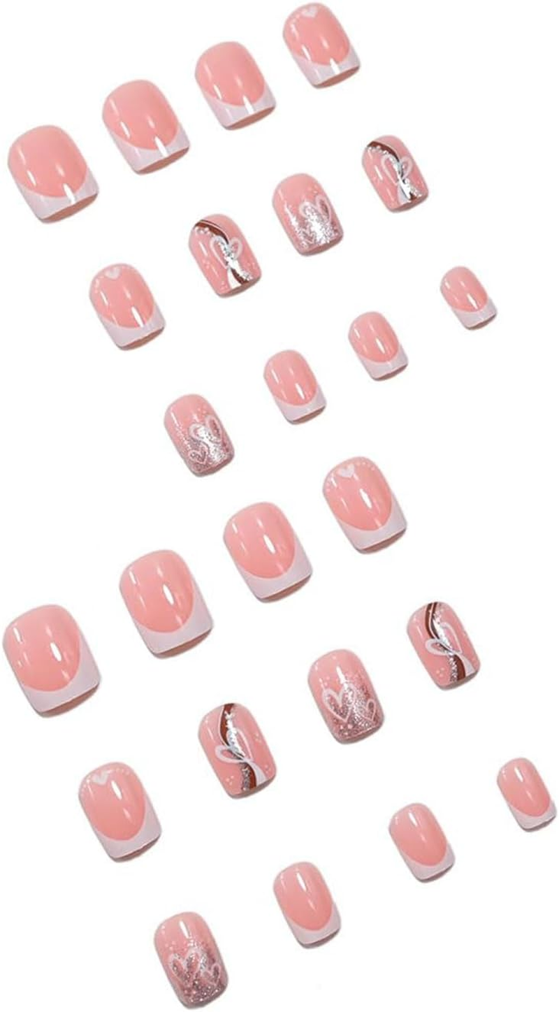 Cosmeria Press on Nails Set, 24 Pieces Fake Nails with Heart Design, Easy to Use with Jelly Glue, Includes Nail File and Cleaning Kit image number 3