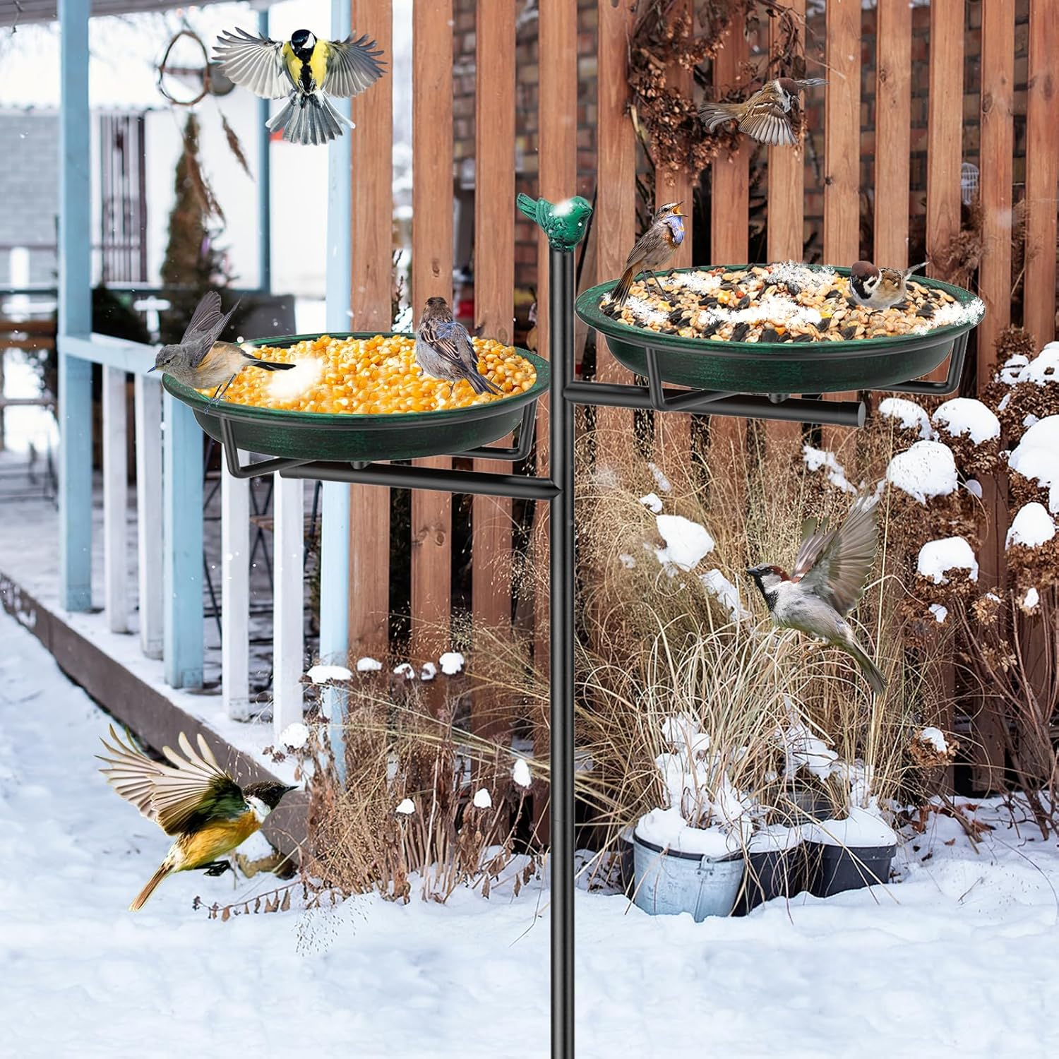 Veyfolzin.St Bird Bath Bowl Standing, 2-In-1 Bird Bath for Outdoor Garden with Double Basin for Water and Food, Metal Birds Bird Basin for Garden Decoration (Old Green) image number 1