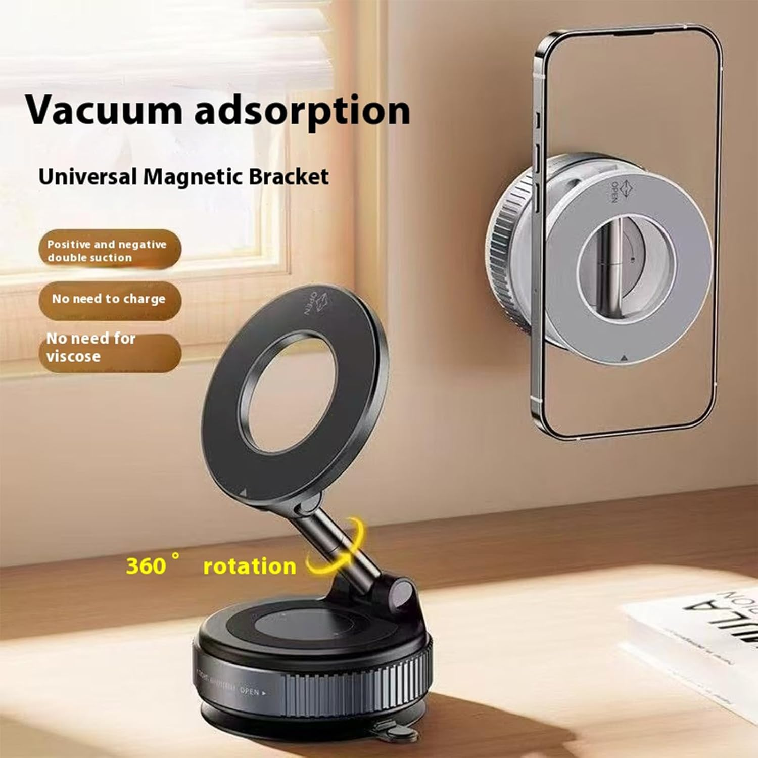 Rookii 360&deg;Vacuum Magnetic Suction Phone Holder,Foldable and Retractable Hands-Free Suction Cup Phone Mount for Car/Gym/Mirror/Smooth Surface, Compatible with Iphone Android and All Smartphones. image number 2