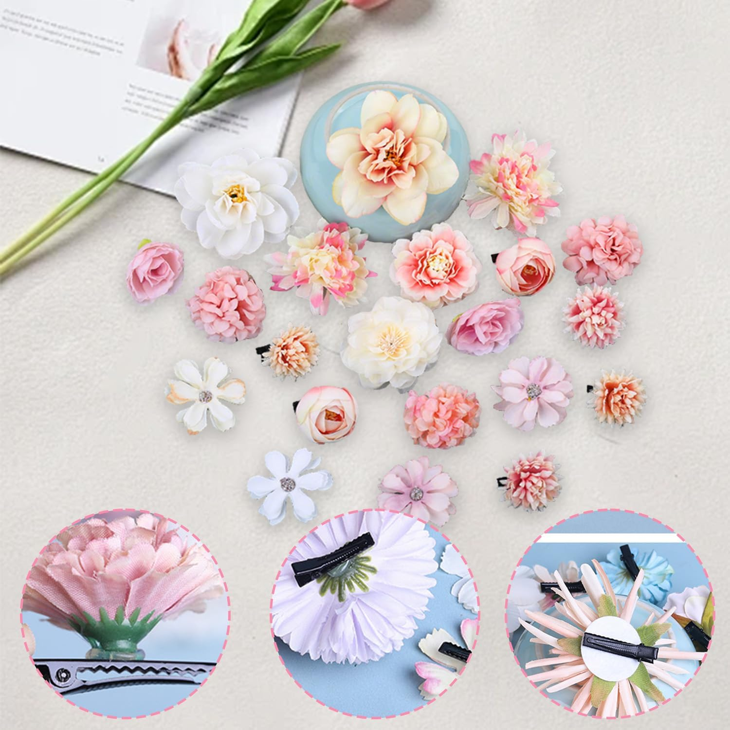 Nhgkju Hanfu Silk Flower Hair Accessories Hair Pins Flower Hairpins Chinese Old Style Hair Flowers Sets Song Accessories Old Ornaments (21 Pink and White Flowers) image number 5