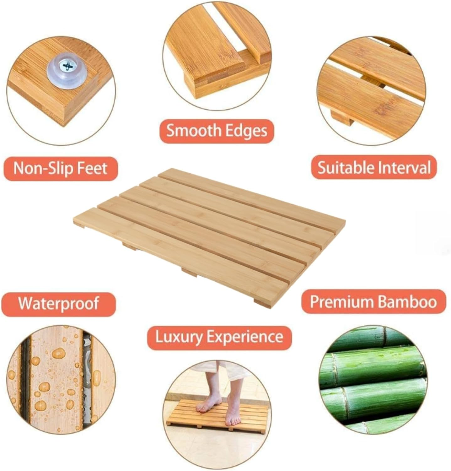 Bamboo Bath Mat Bon Slip, Multifunctional Easy Cleaning Shower Bath Mat, Bathroom Non Slip Mat Weight 1450G, Bamboo Shower Bath Mat, Bamboomat image number 3