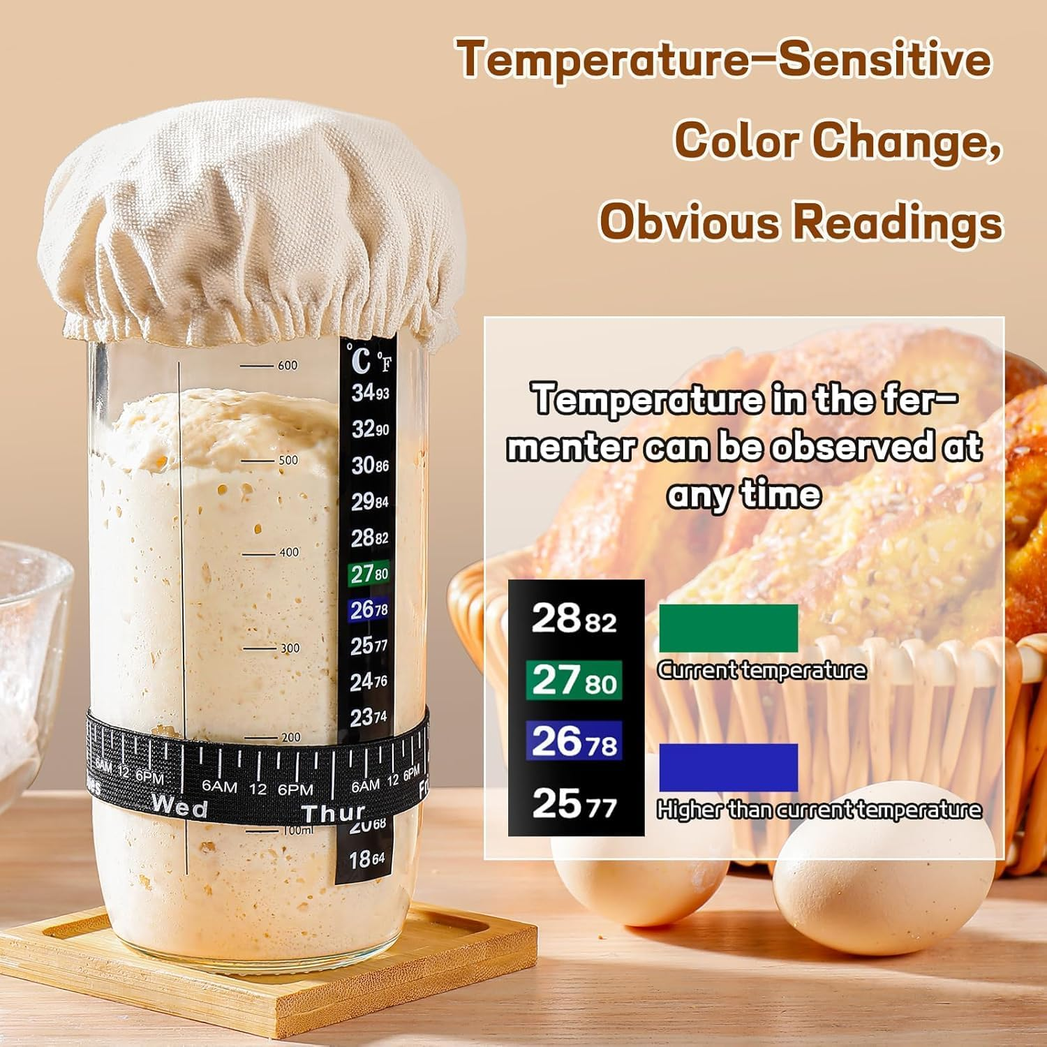 ZDZX 24Oz Sourdough Starter Kit with Date Marked Band - Includes Glass Jar, Thermometer, Silicone Scraper, Cloth Cover & Metal Lid - Baking Supplies for Homemade Sourdough, Family & Beginners image number 4