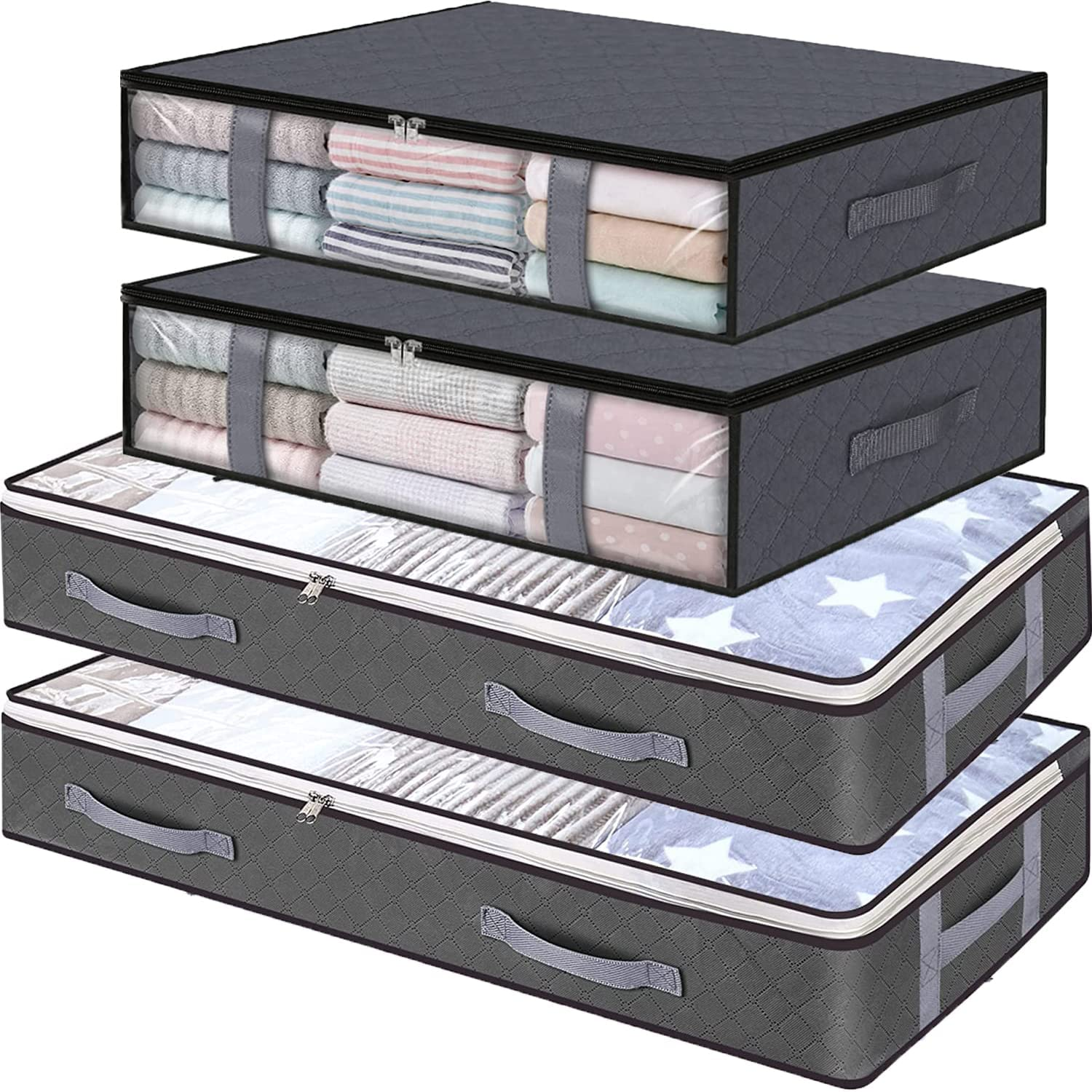 Under Bed Storage Containers, 4-Pack Large Capacity Underbed Storage Bags Organizer, Thick Fabric Storages Bins with Clear Window and Handles for Blanket, Comforter, Bedding, Clothes, Black