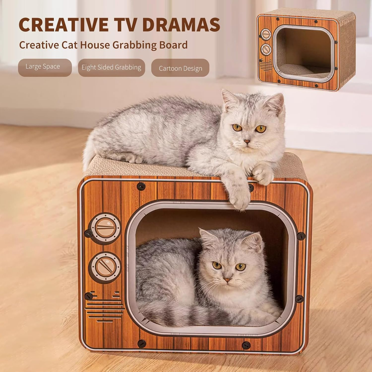 PETCUTE Cat Scratching Boards, 3-In-1 Cat Scratching Box Made of Corrugated Cardboard with Non-Slip Base, Corrugated Cardboard Cat Tree House, Recyclable Scratching Pad, Cat Scratching Mat for Indoor image number 2
