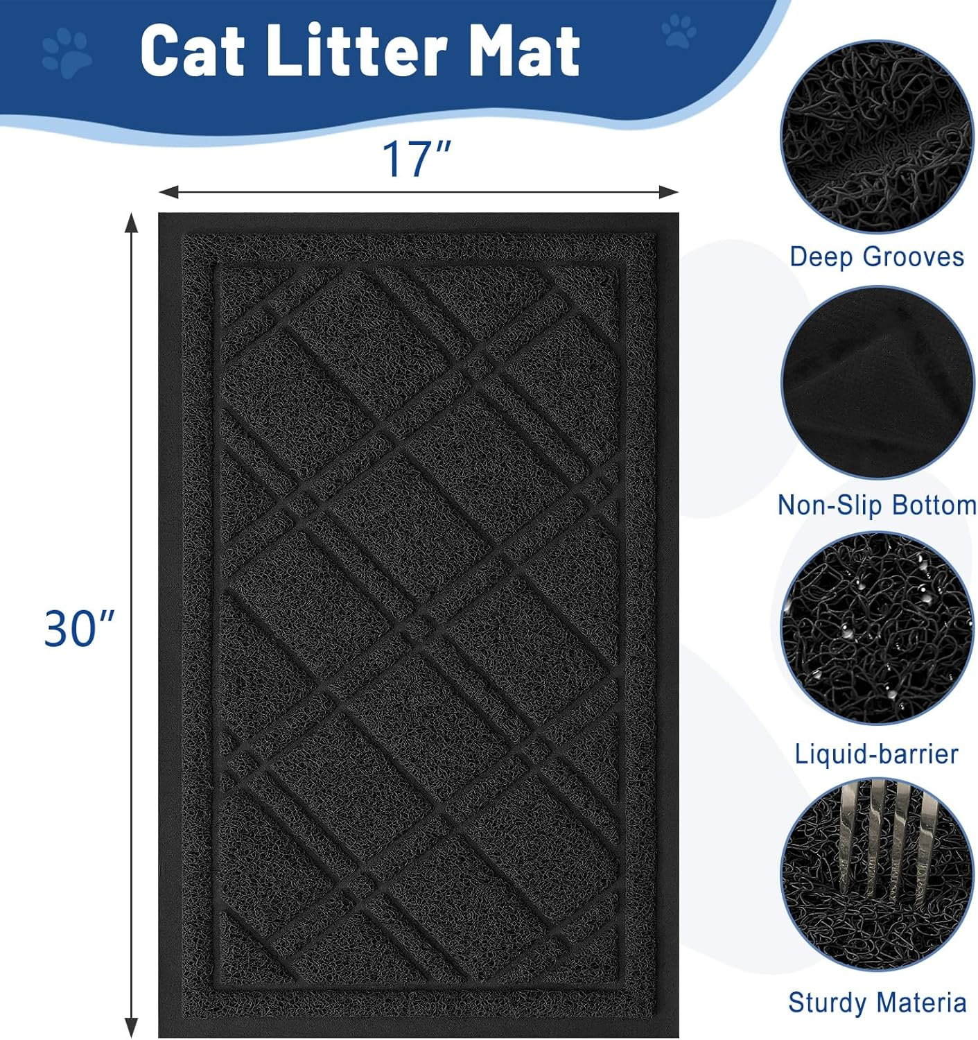 Smiry Cat Litter Box Mat 30X17, Non-Slip Water Resistant Litter Trapping Mat, Easy Clean Less Waste and Urine-Locking Cat Carpet for Indoor, Black image number 2