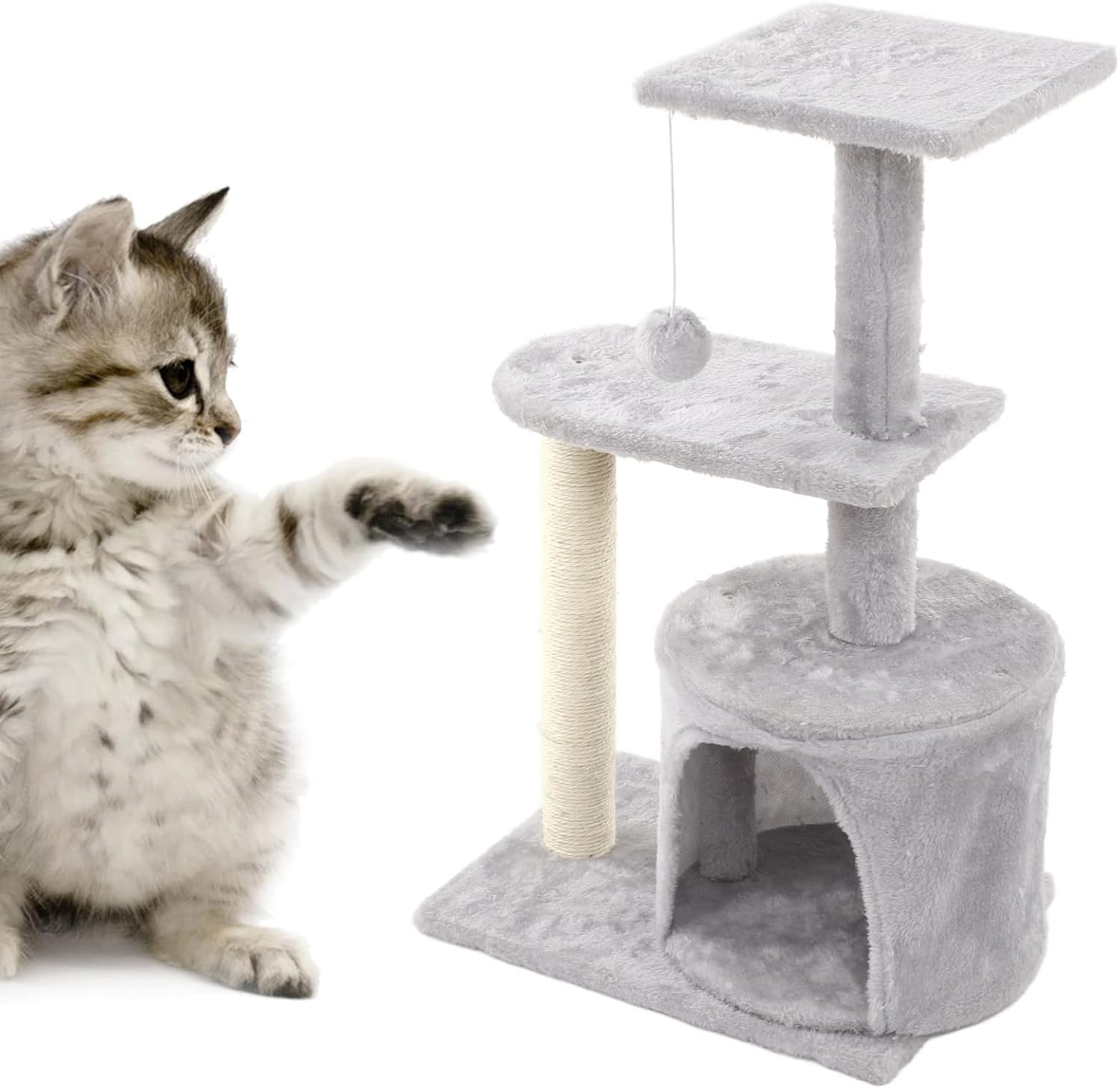 Cat Tree House, Soft Plush Cat Activity Tree with Hanging Plush Balls, Spacious Space Multi Layer Cat Scratching Tower Toy Supplies Cat Scratcher Post for All Seasons image number 3