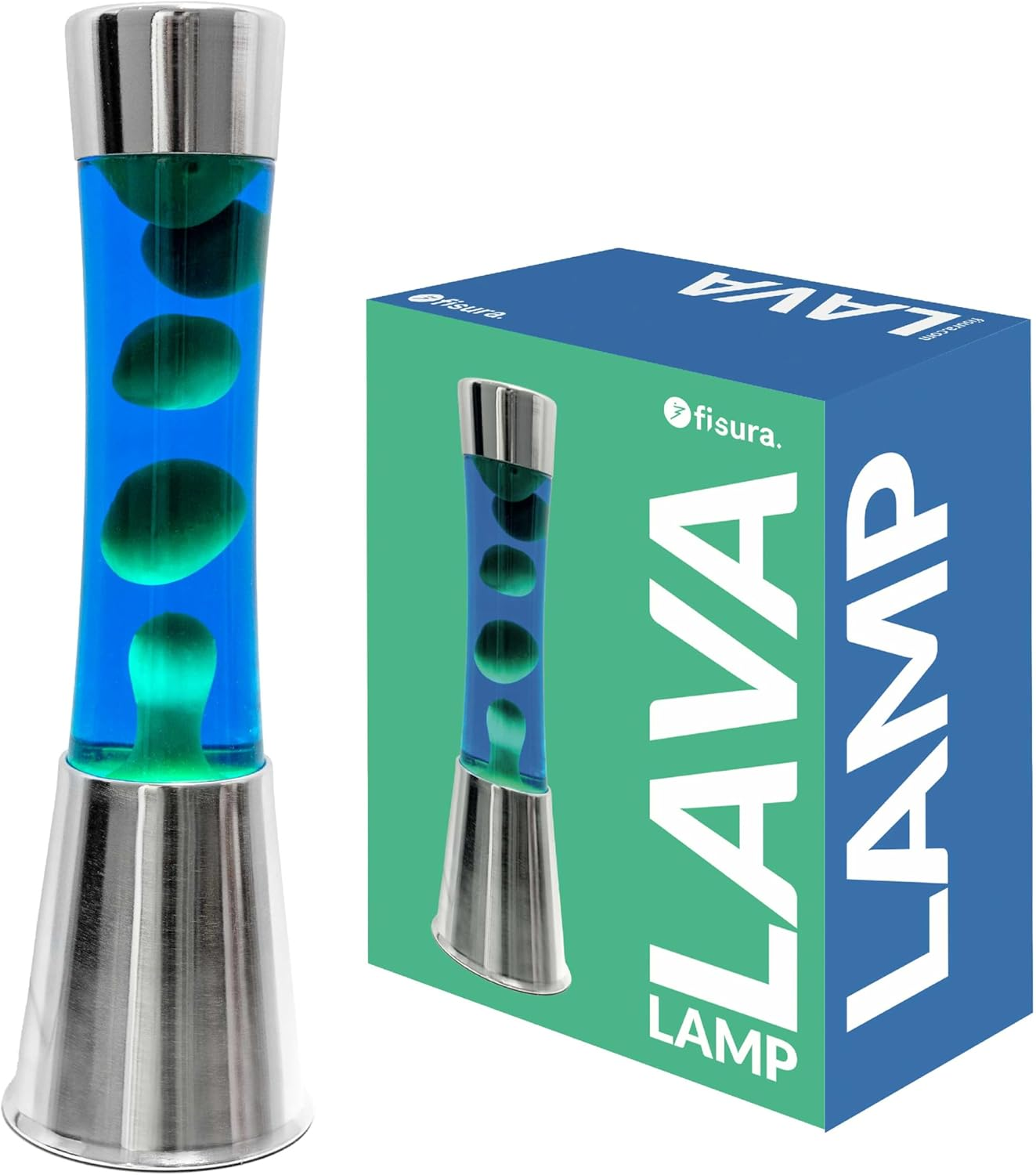 Fisura Lava Lamp with Chrome Base, Blue Liquid and Green Lava, Relaxing Effect, with Spare Bulb Included, Dimensions 11 Cm X 11 Cm X 39.5 Cm image number 3