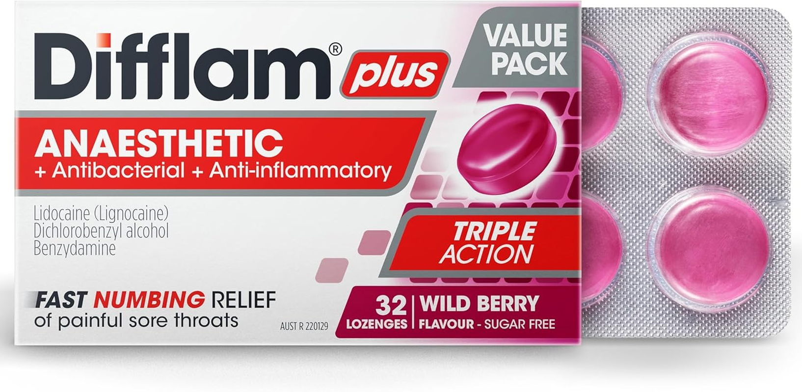 Difflam plus Anaesthetic Sore Throat Triple Action Lozenges, Berry (Pack of 64) image number 3